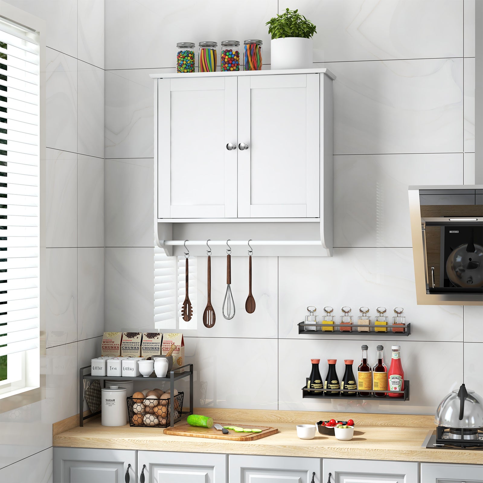 Bathroom Wall Cabinet with 2 Doors and Adjustable Shelf-White