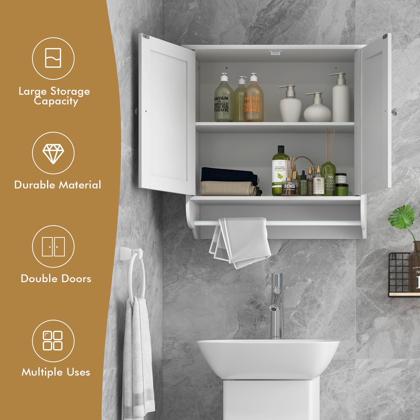 Bathroom Wall Cabinet with 2 Doors and Adjustable Shelf-White
