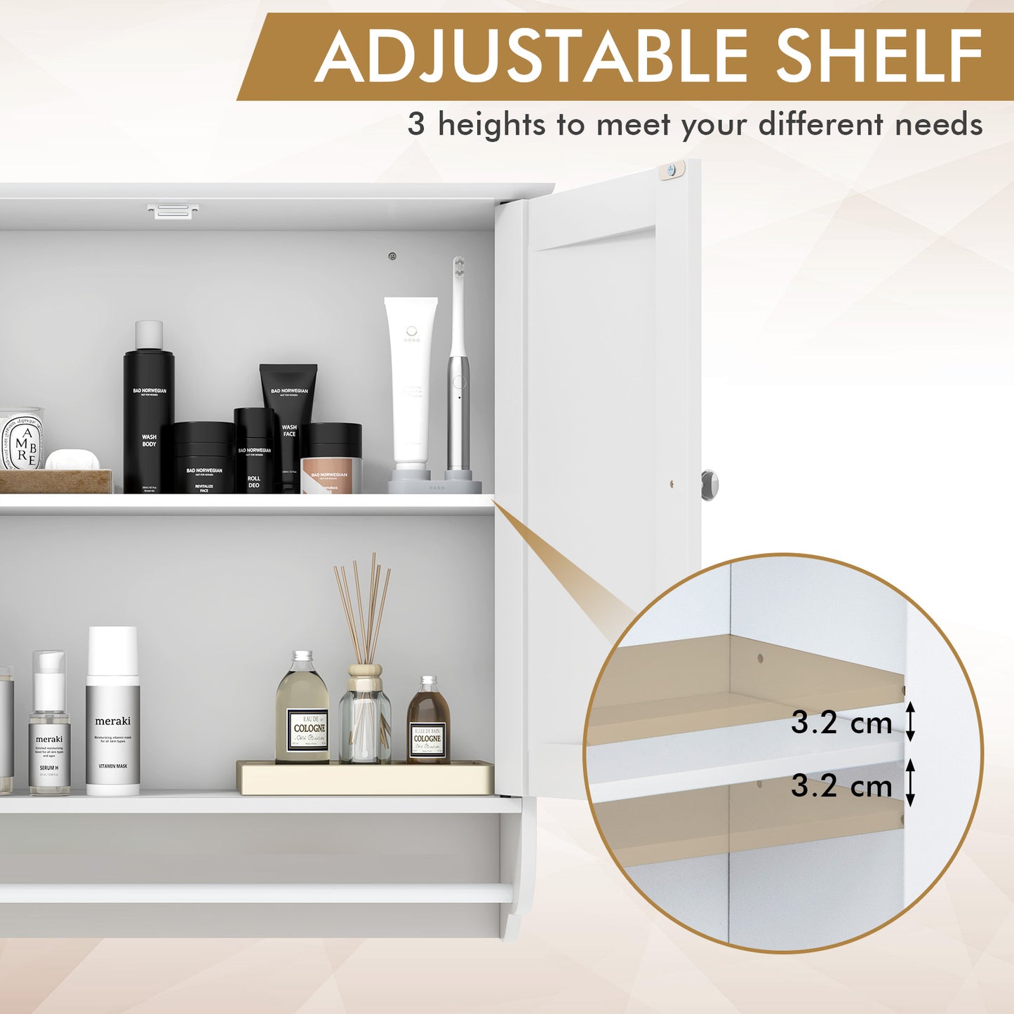 Bathroom Wall Cabinet with 2 Doors and Adjustable Shelf-White