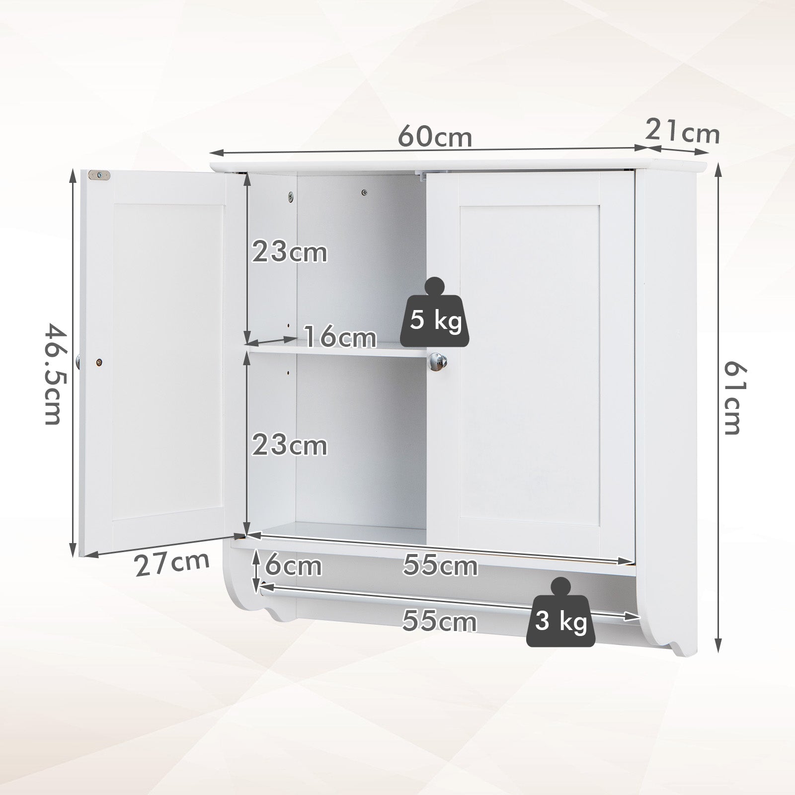 Bathroom Wall Cabinet with 2 Doors and Adjustable Shelf-White