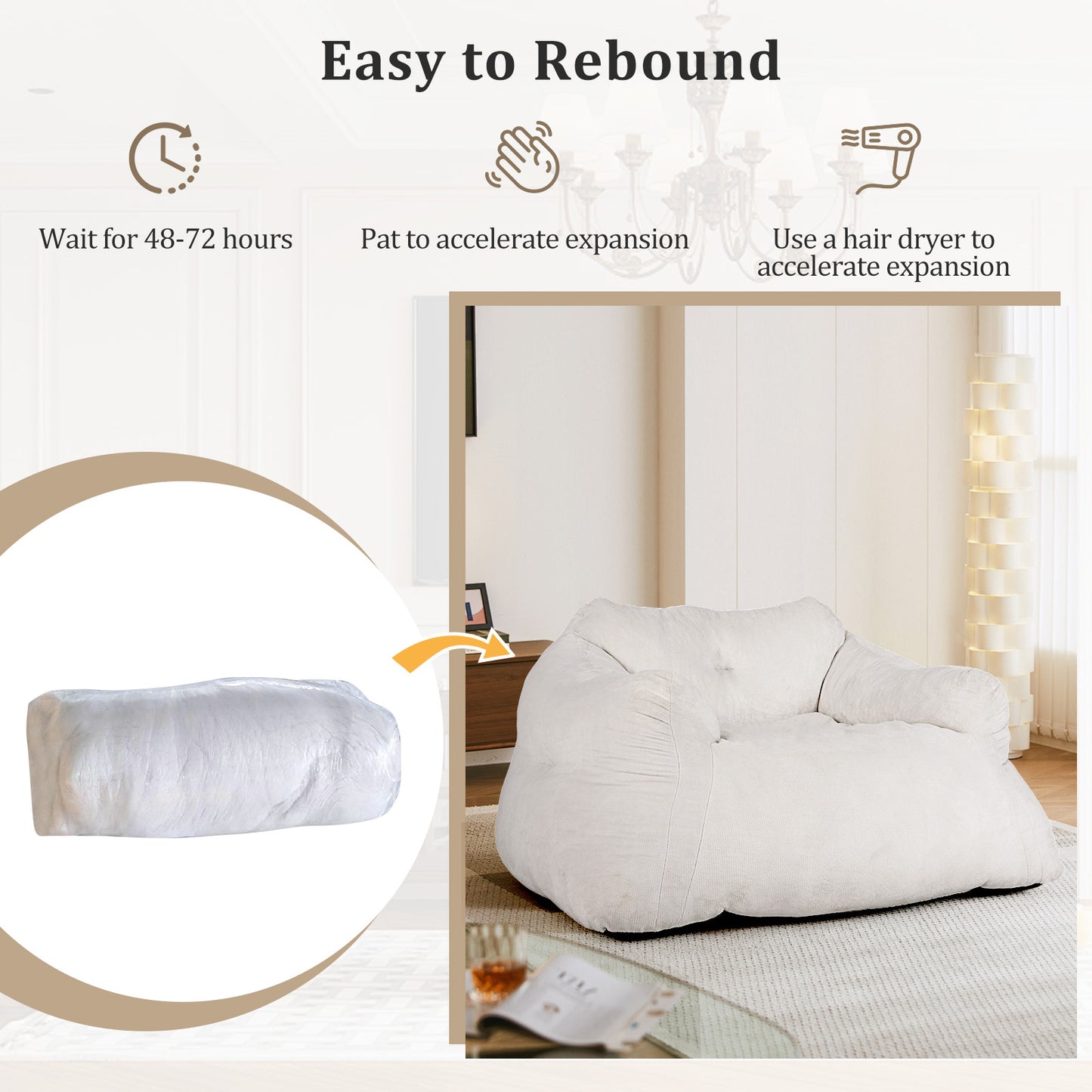 Bean Bag Chair Plush Lazy Sofa with Ultra-soft Velvet Cover-Beige