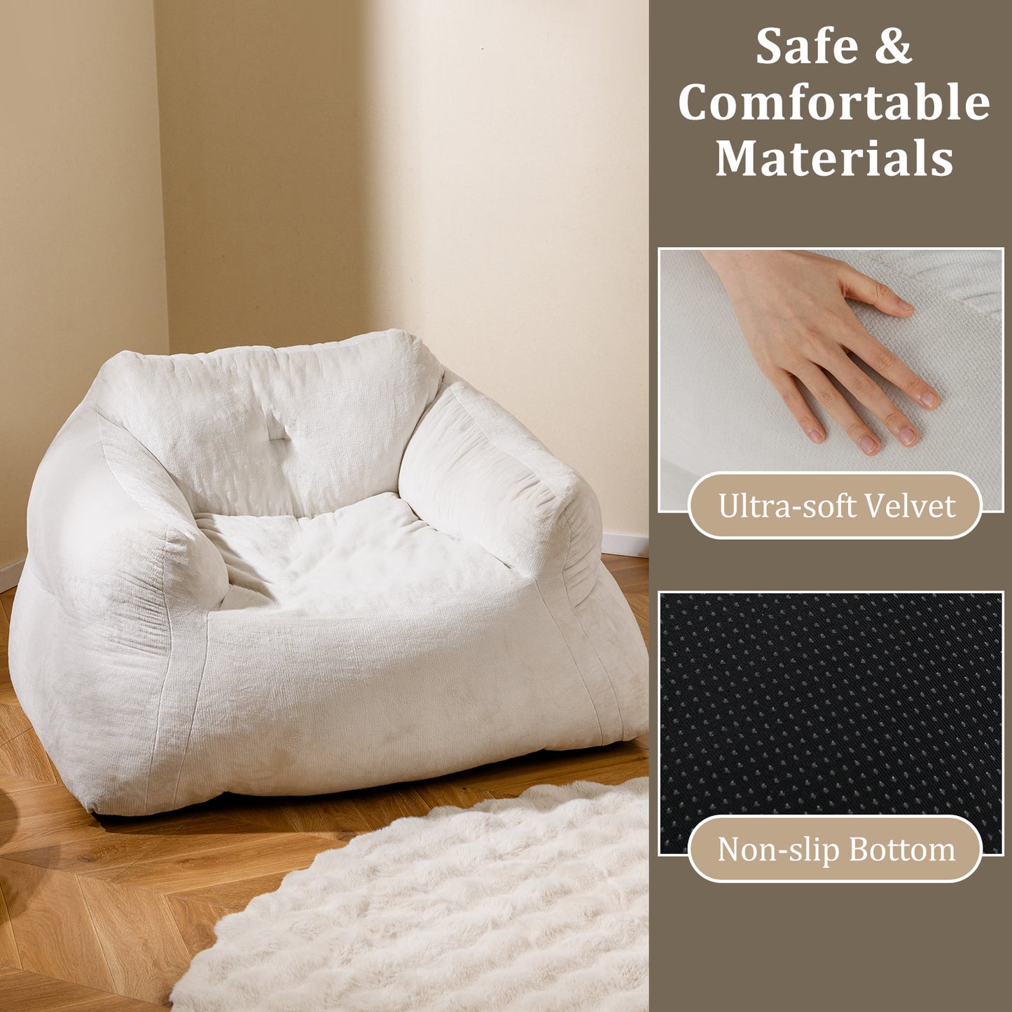 Bean Bag Chair Plush Lazy Sofa with Ultra-soft Velvet Cover-Beige