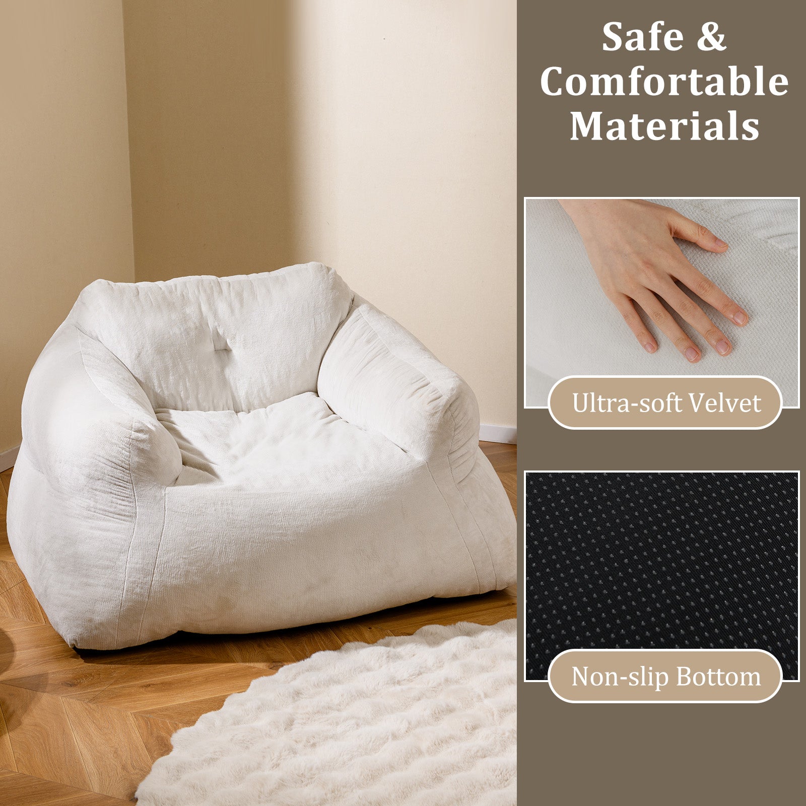 Bean Bag Chair Plush Lazy Sofa with Ultra-soft Velvet Cover-Beige