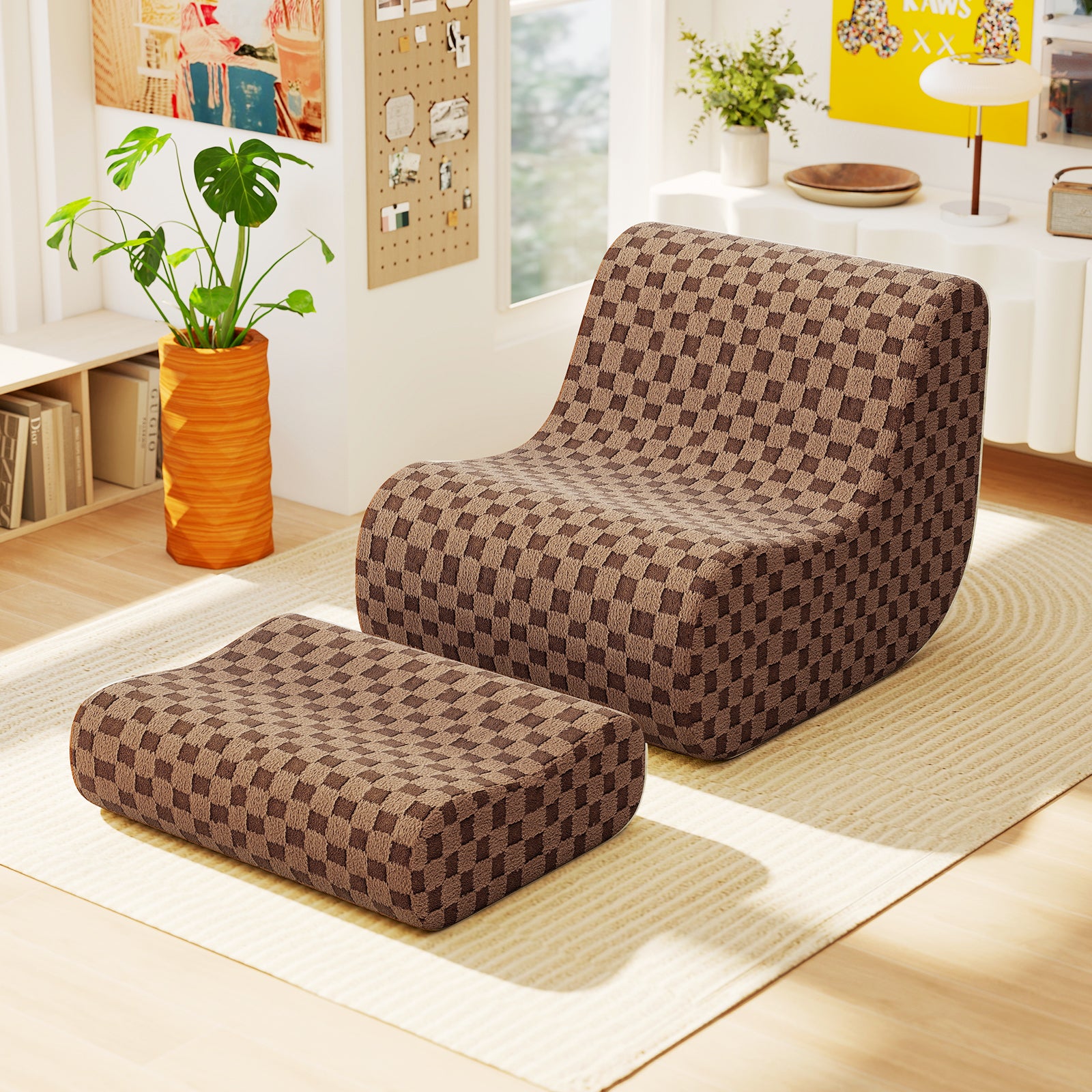 Bean Bag Chair with Ottoman Bean Bag Sofa Chair with High Elasticity Sponge-Brown
