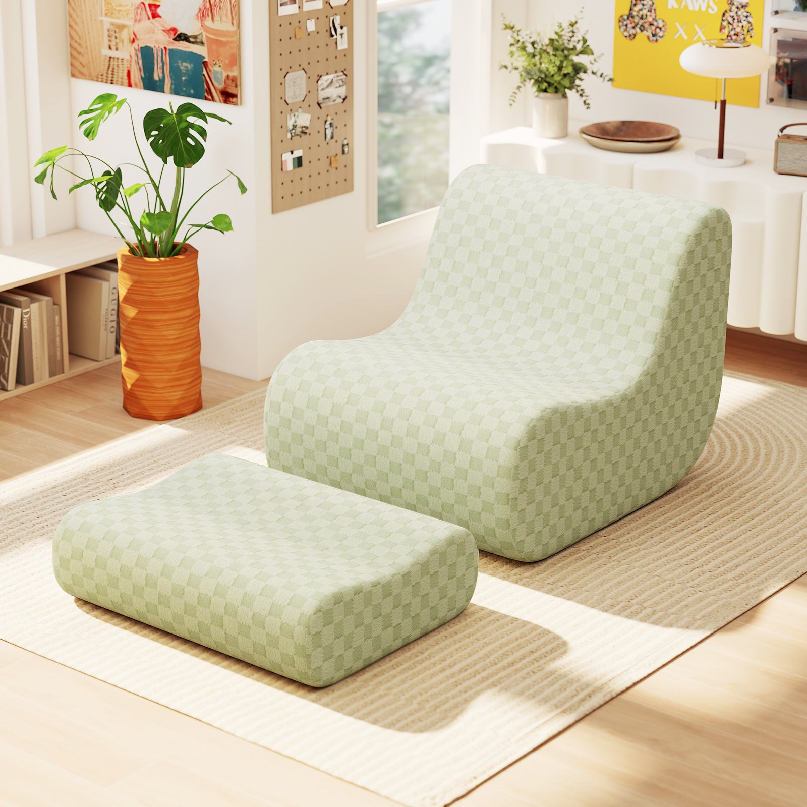 Bean Bag Chair with Ottoman Bean Bag Sofa Chair with High Elasticity Sponge-Green