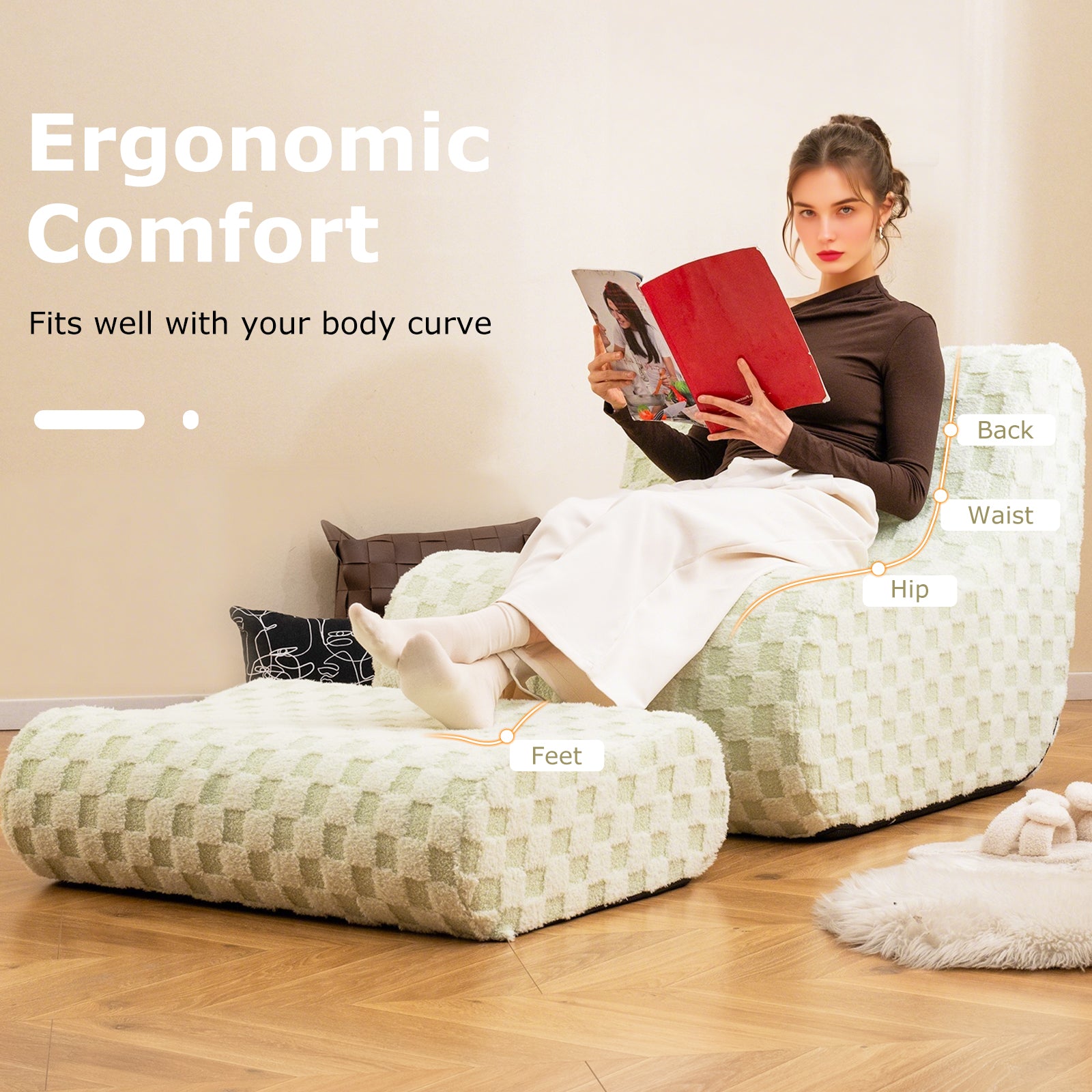 Bean Bag Chair with Ottoman Bean Bag Sofa Chair with High Elasticity Sponge-Green