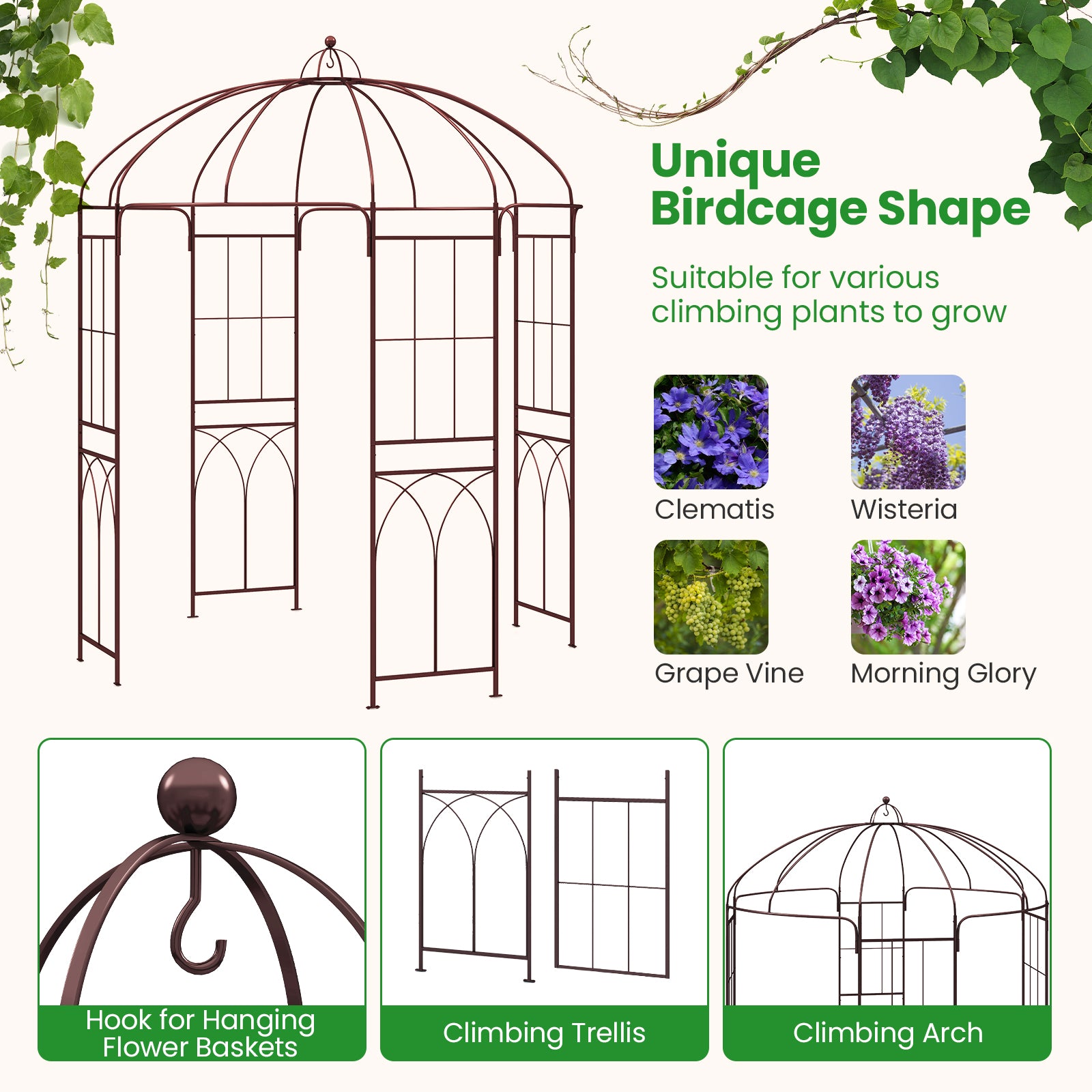 Metal Birdcage Shape Garden Arbor for Climbing Plants Wedding Party-Bronze