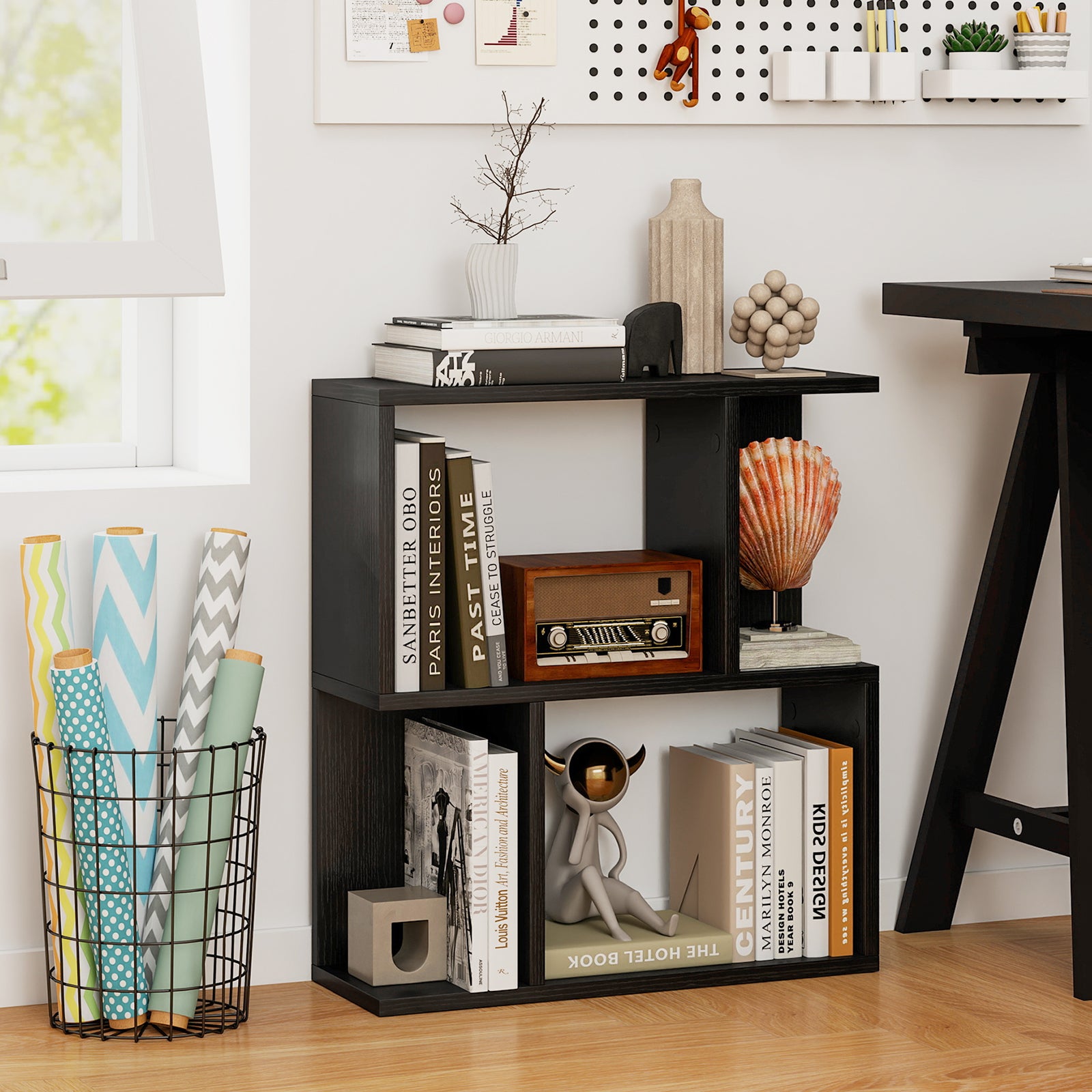 3-Tier Bookshelf Display Shelf for Small Space Wooden Nightstand-Black