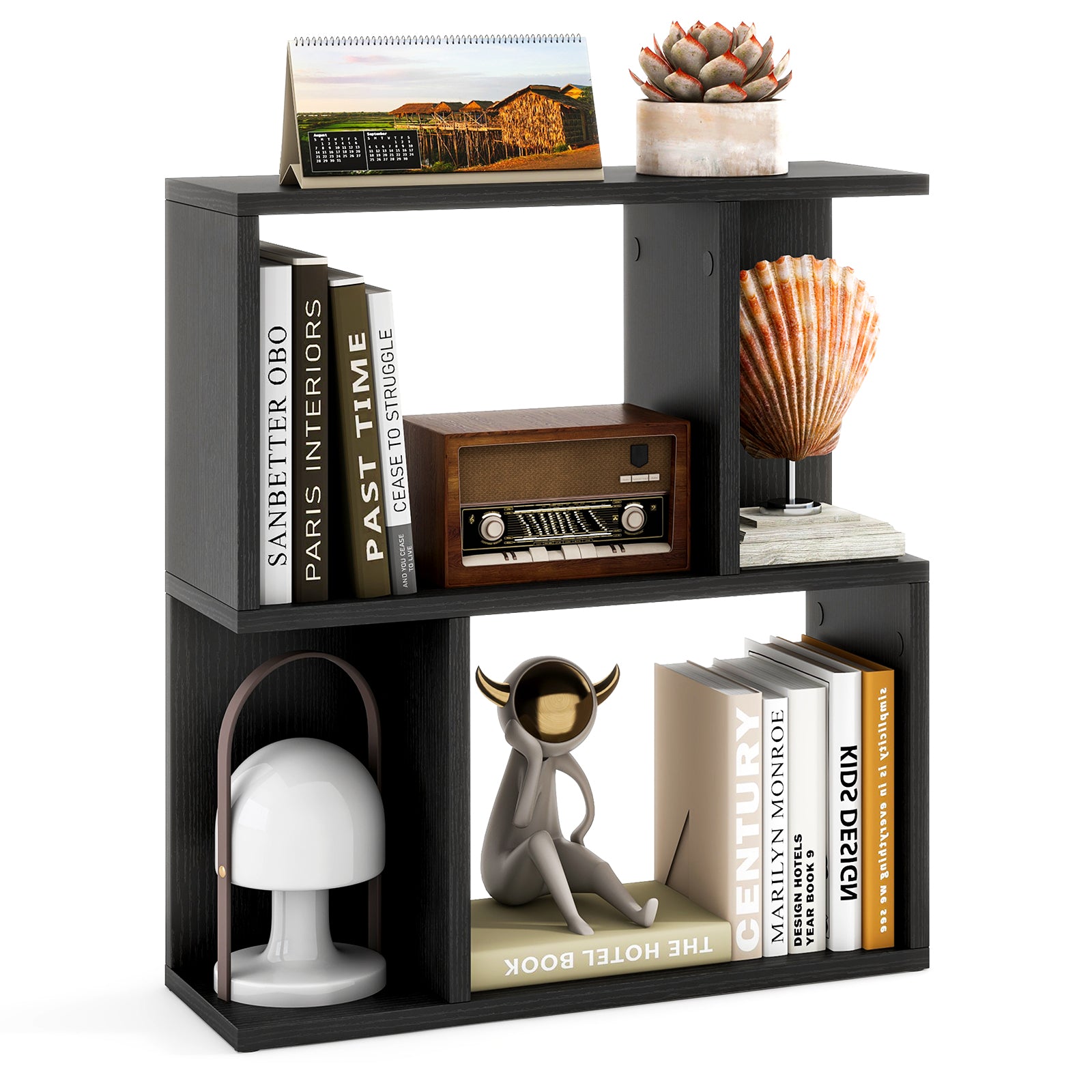 3-Tier Bookshelf Display Shelf for Small Space Wooden Nightstand-Black