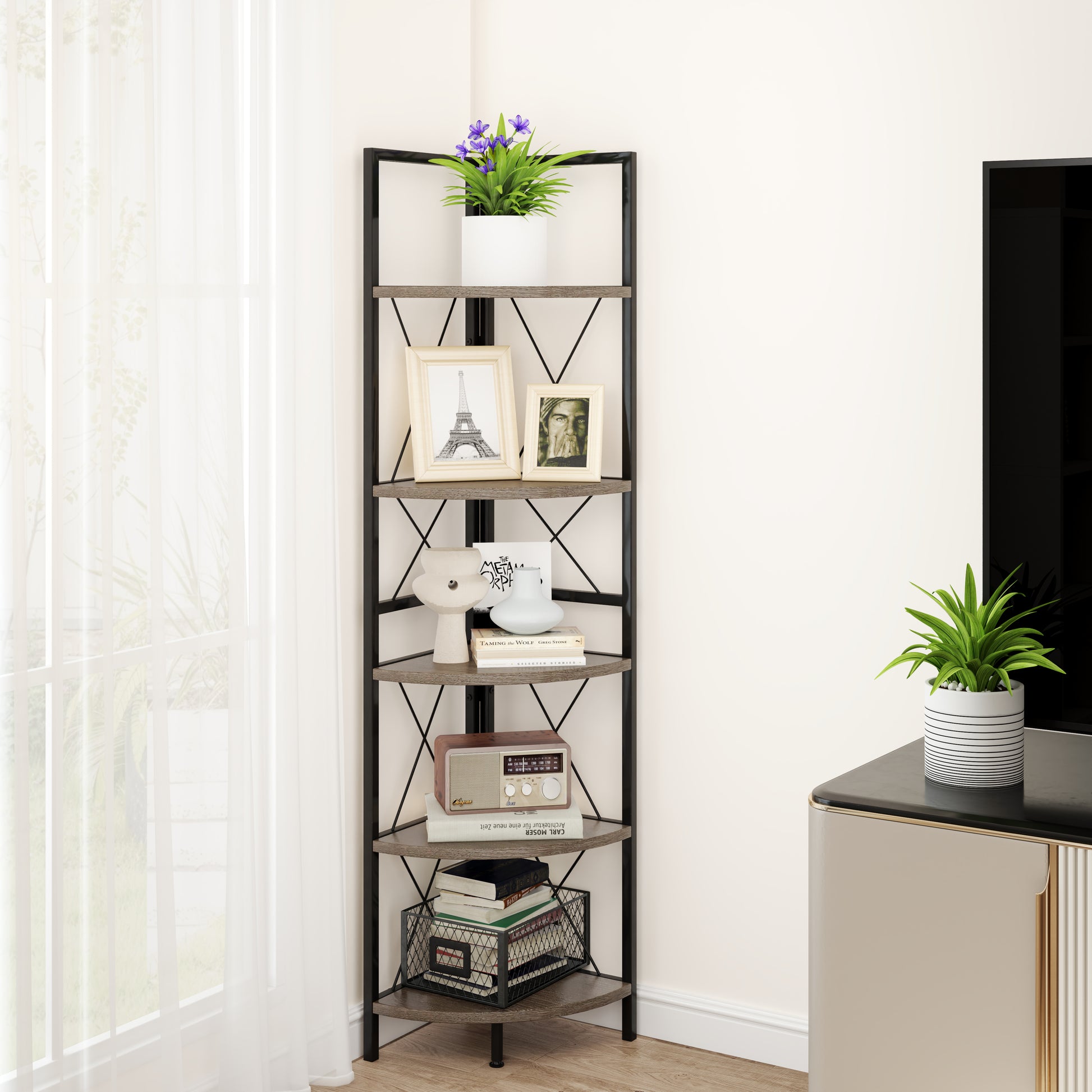 5-Tier Industrial Corner Bookshelf Display Storage Rack with Metal Frame-Oak