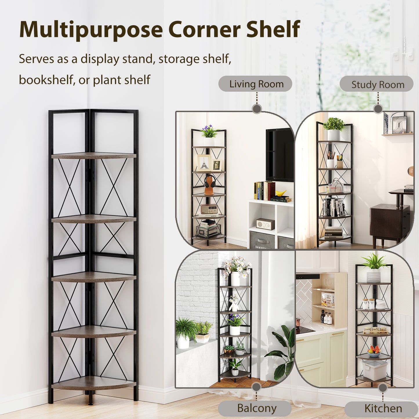 5-Tier Industrial Corner Bookshelf Display Storage Rack with Metal Frame-Oak