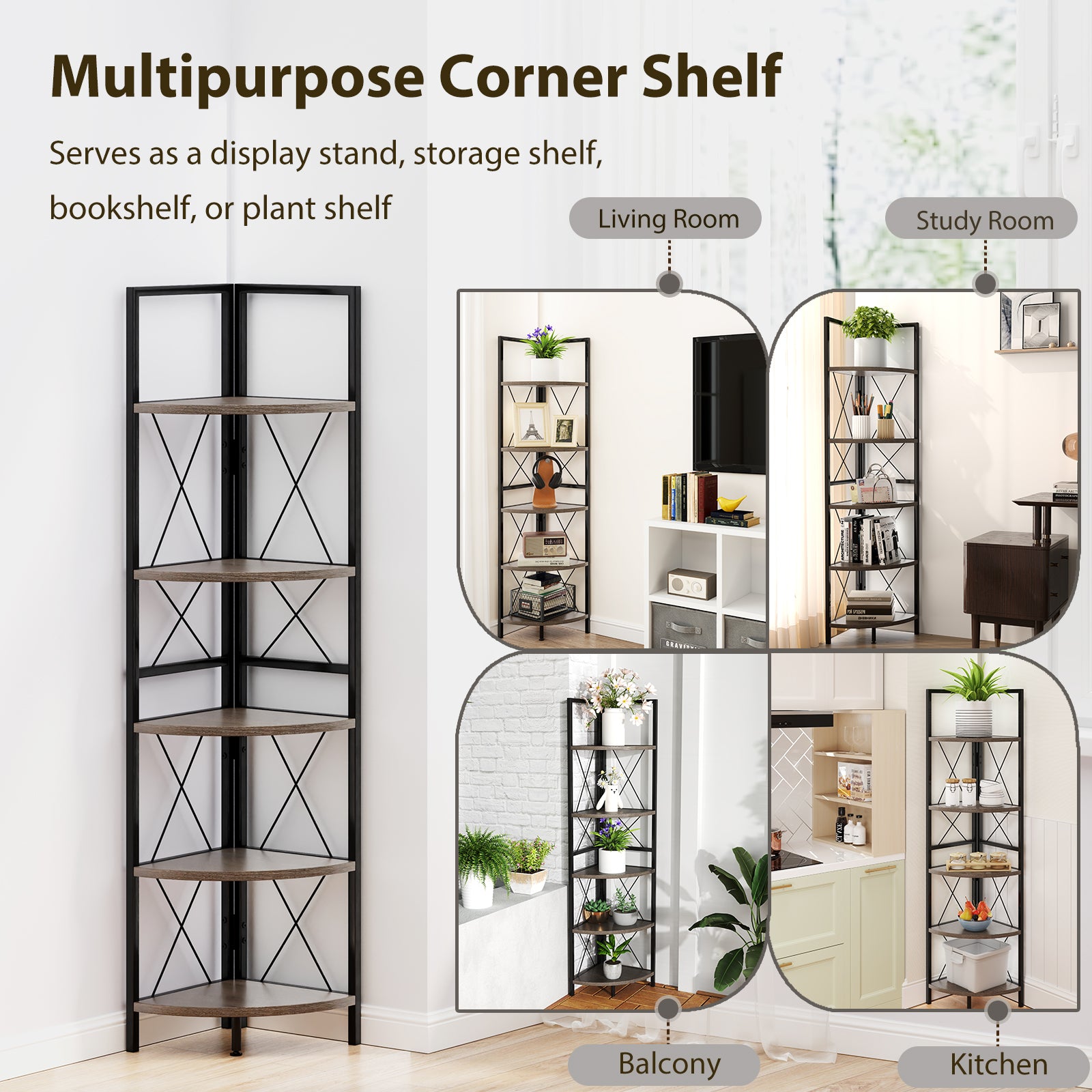 5-Tier Industrial Corner Bookshelf Display Storage Rack with Metal Frame-Oak