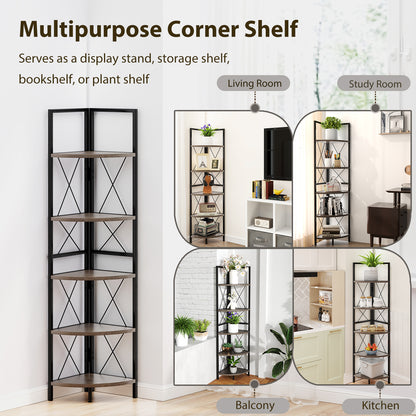 5-Tier Industrial Corner Bookshelf Display Storage Rack with Metal Frame-Oak