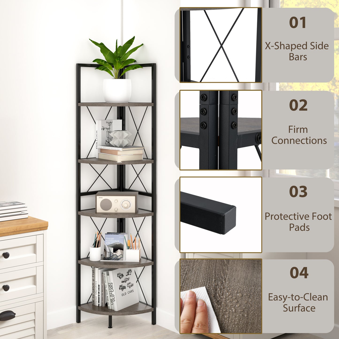 5-Tier Industrial Corner Bookshelf Display Storage Rack with Metal Frame-Oak