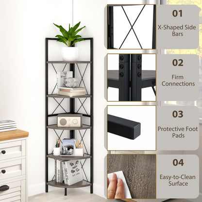 5-Tier Industrial Corner Bookshelf Display Storage Rack with Metal Frame-Oak