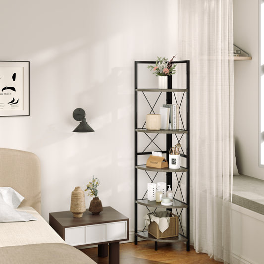 5-Tier Industrial Corner Bookshelf Display Storage Rack with Metal Frame-Oak