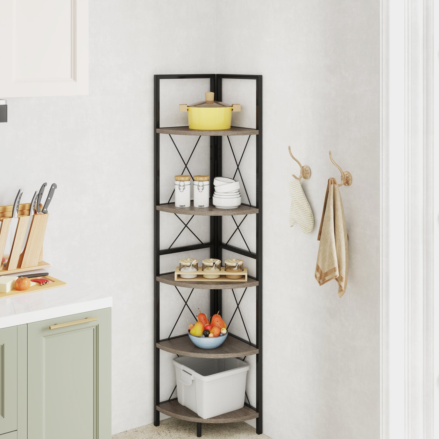 5-Tier Industrial Corner Bookshelf Display Storage Rack with Metal Frame-Oak