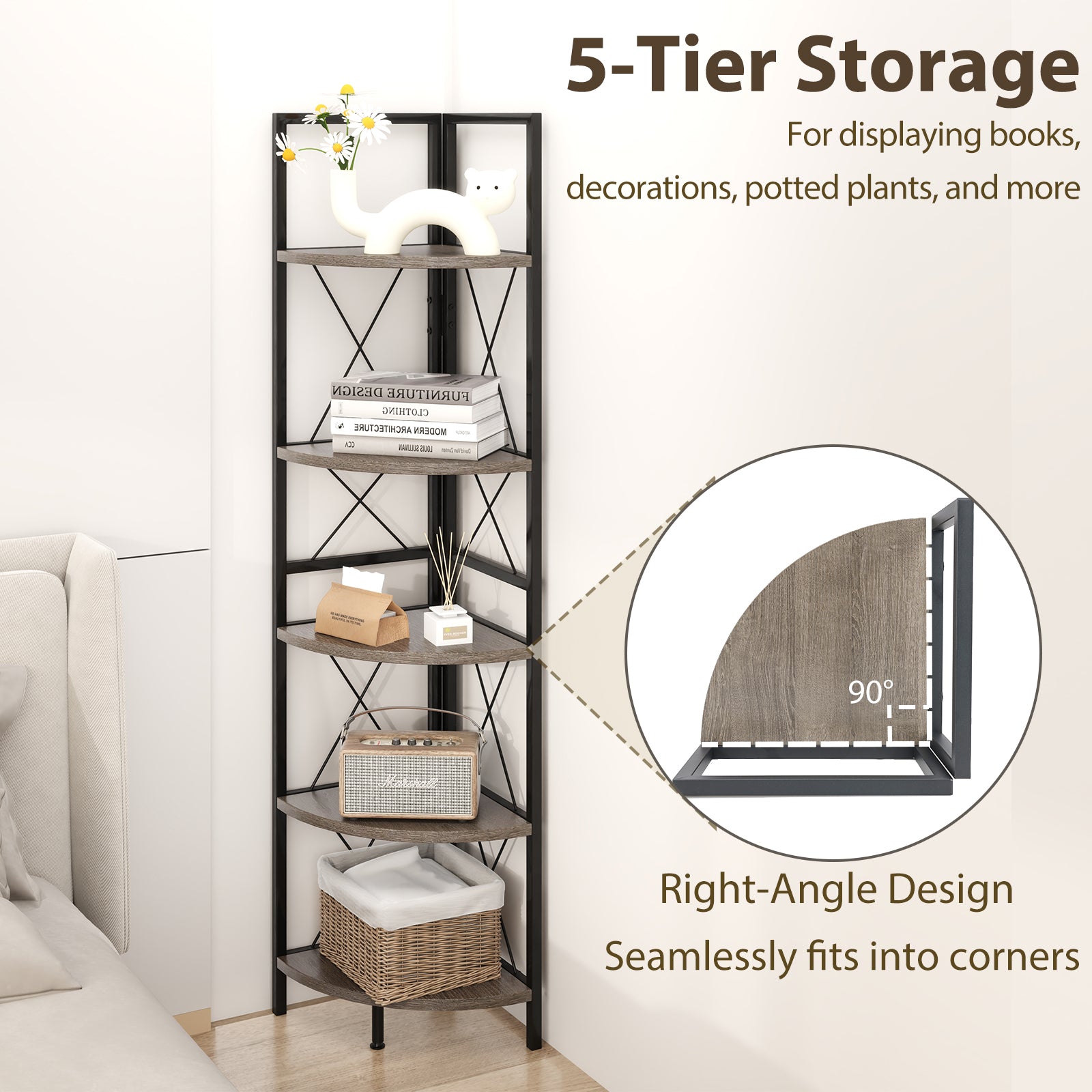 5-Tier Industrial Corner Bookshelf Display Storage Rack with Metal Frame-Oak