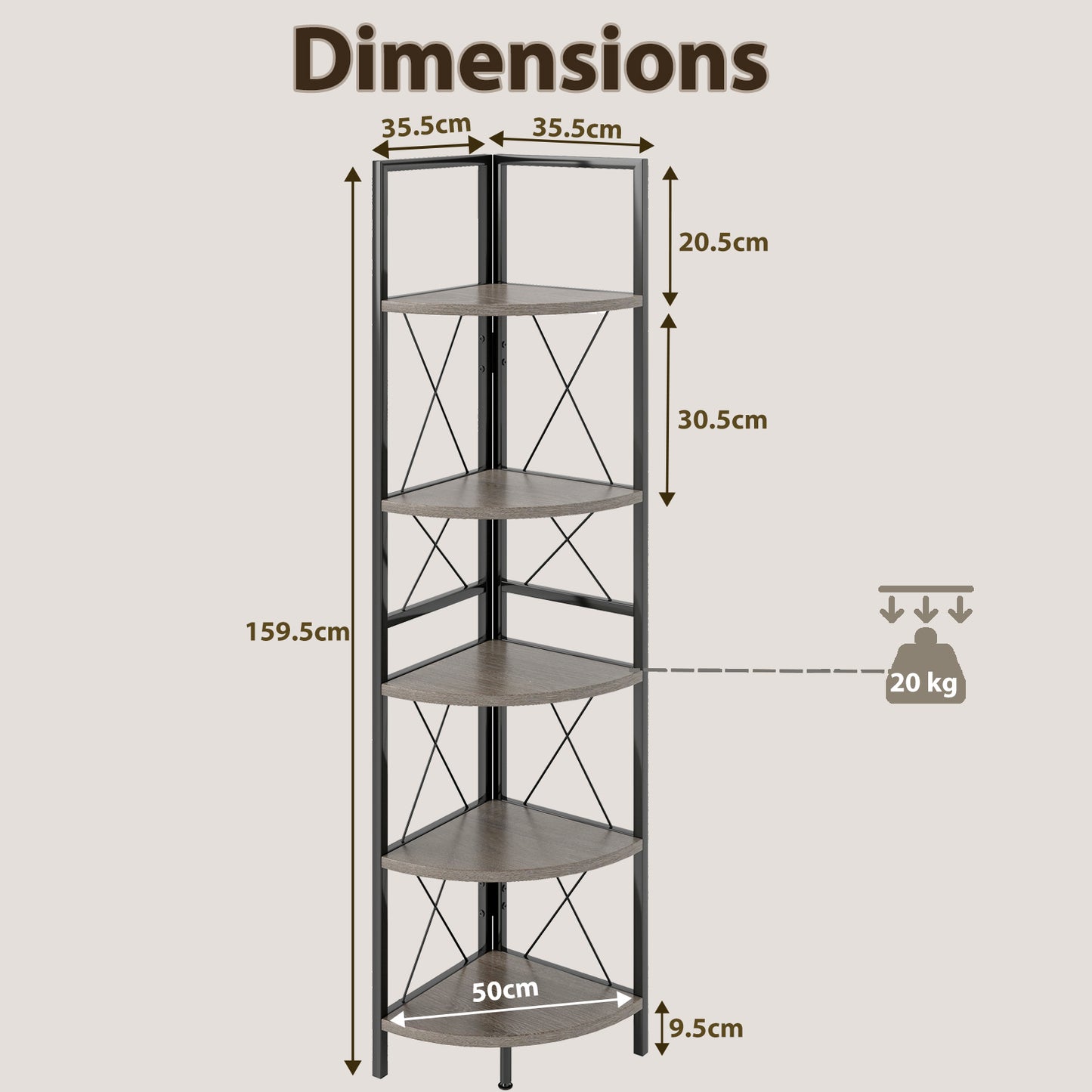 5-Tier Industrial Corner Bookshelf Display Storage Rack with Metal Frame-Oak