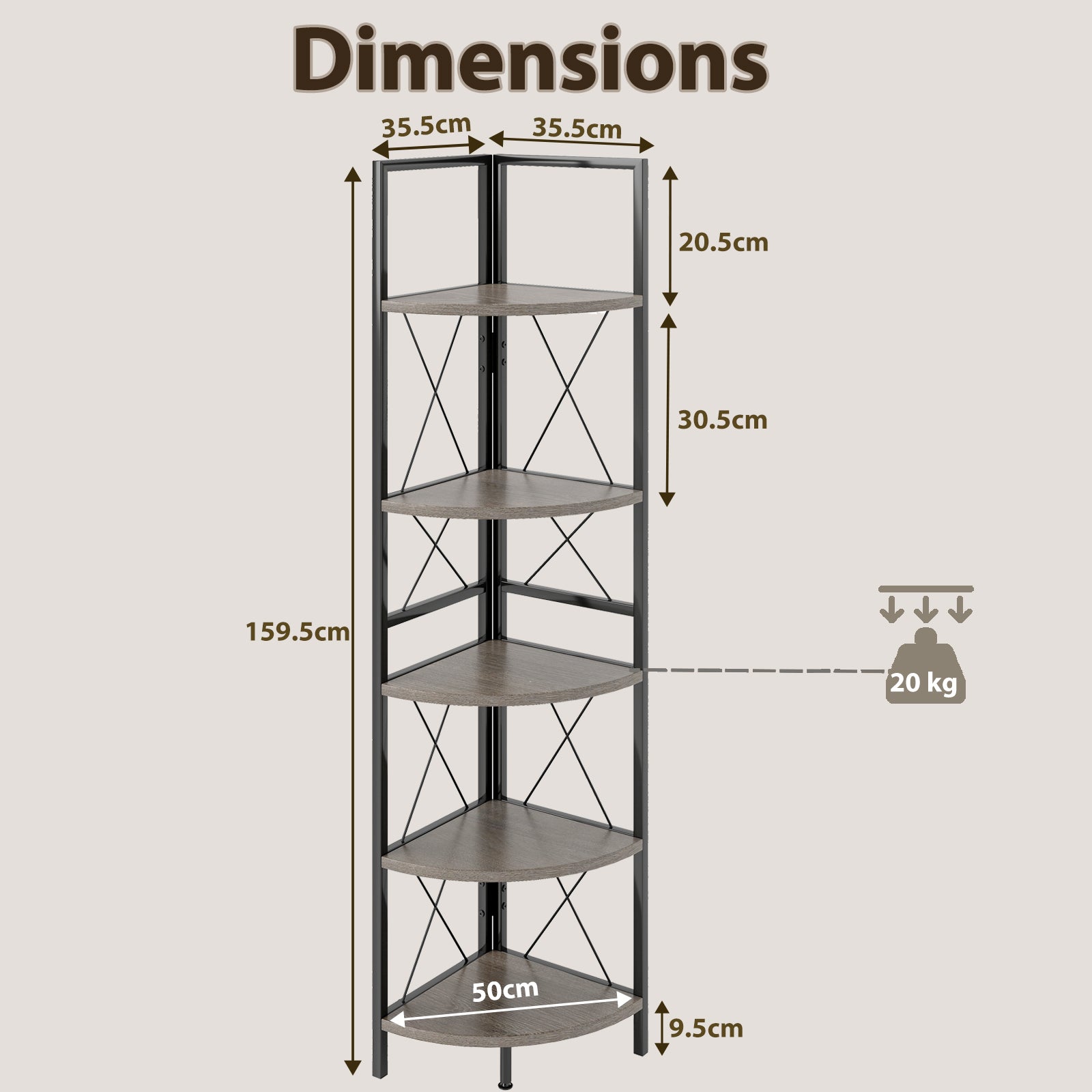 5-Tier Industrial Corner Bookshelf Display Storage Rack with Metal Frame-Oak