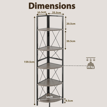 5-Tier Industrial Corner Bookshelf Display Storage Rack with Metal Frame-Oak