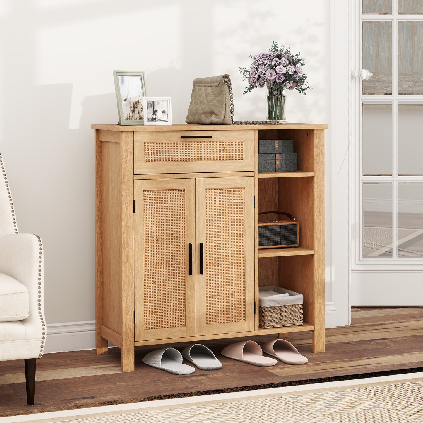 Buffet Sideboard Storage Cabinet with Rattan Woven Doors-Natural
