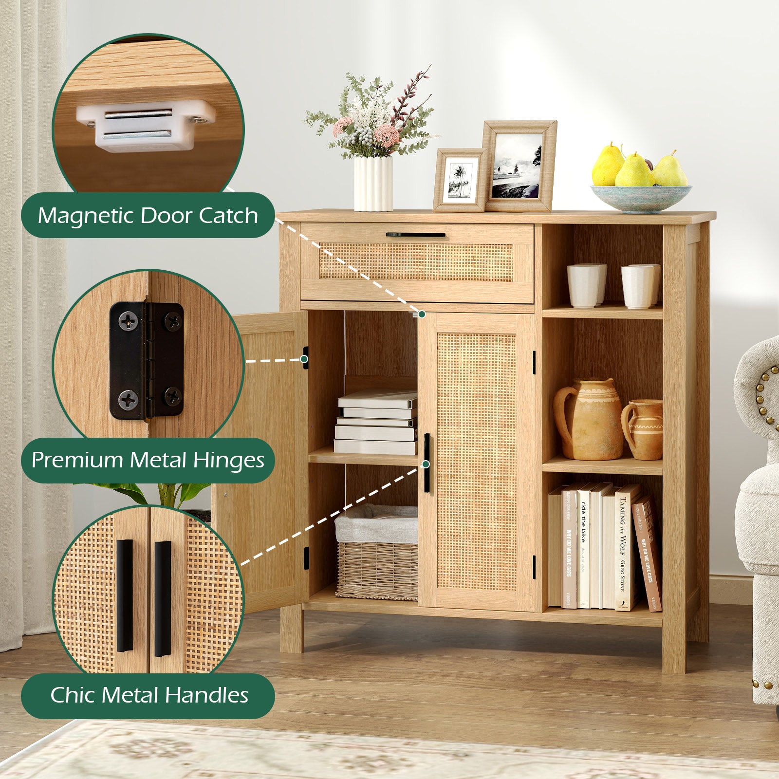 Buffet Sideboard Storage Cabinet with Rattan Woven Doors-Natural