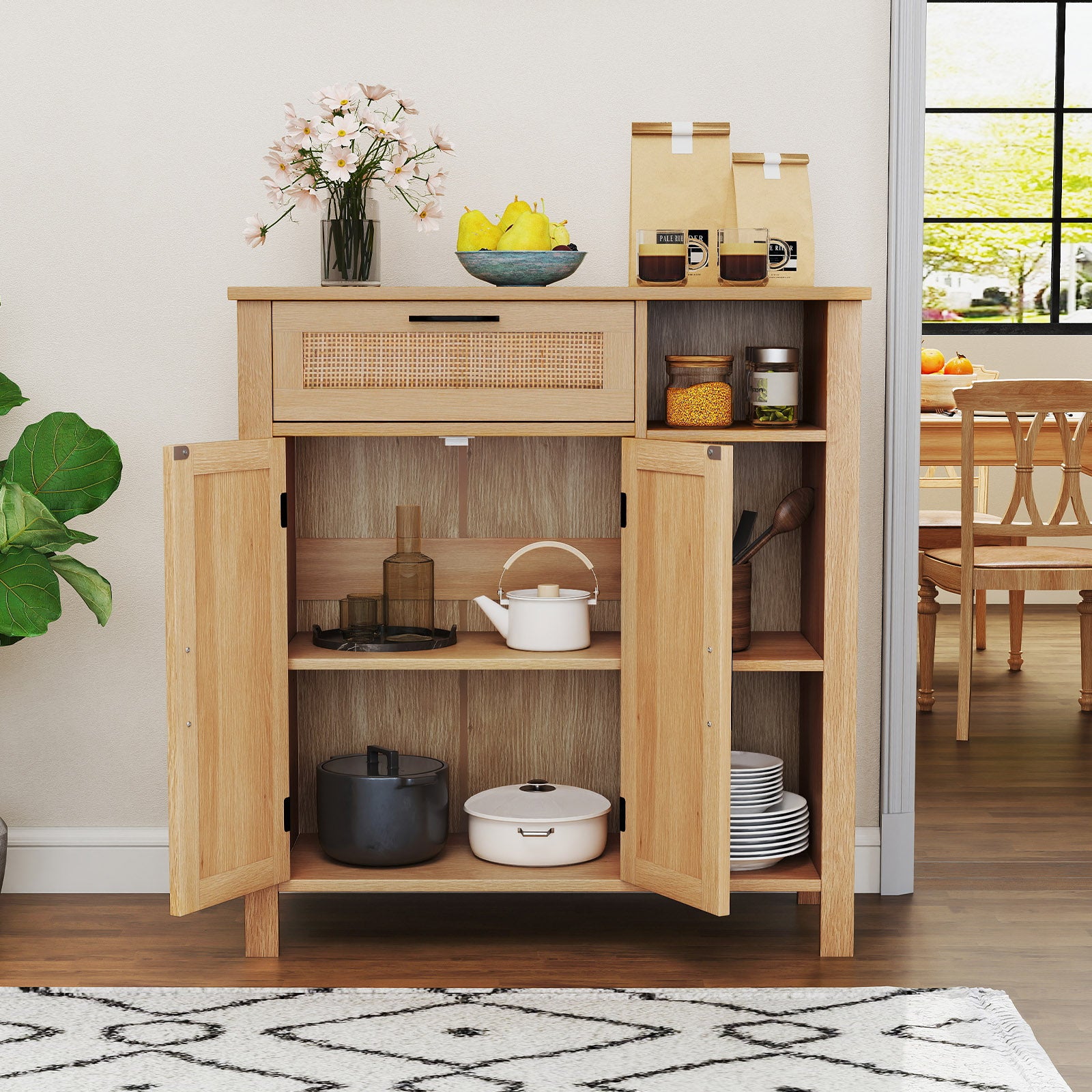 Buffet Sideboard Storage Cabinet with Rattan Woven Doors-Natural