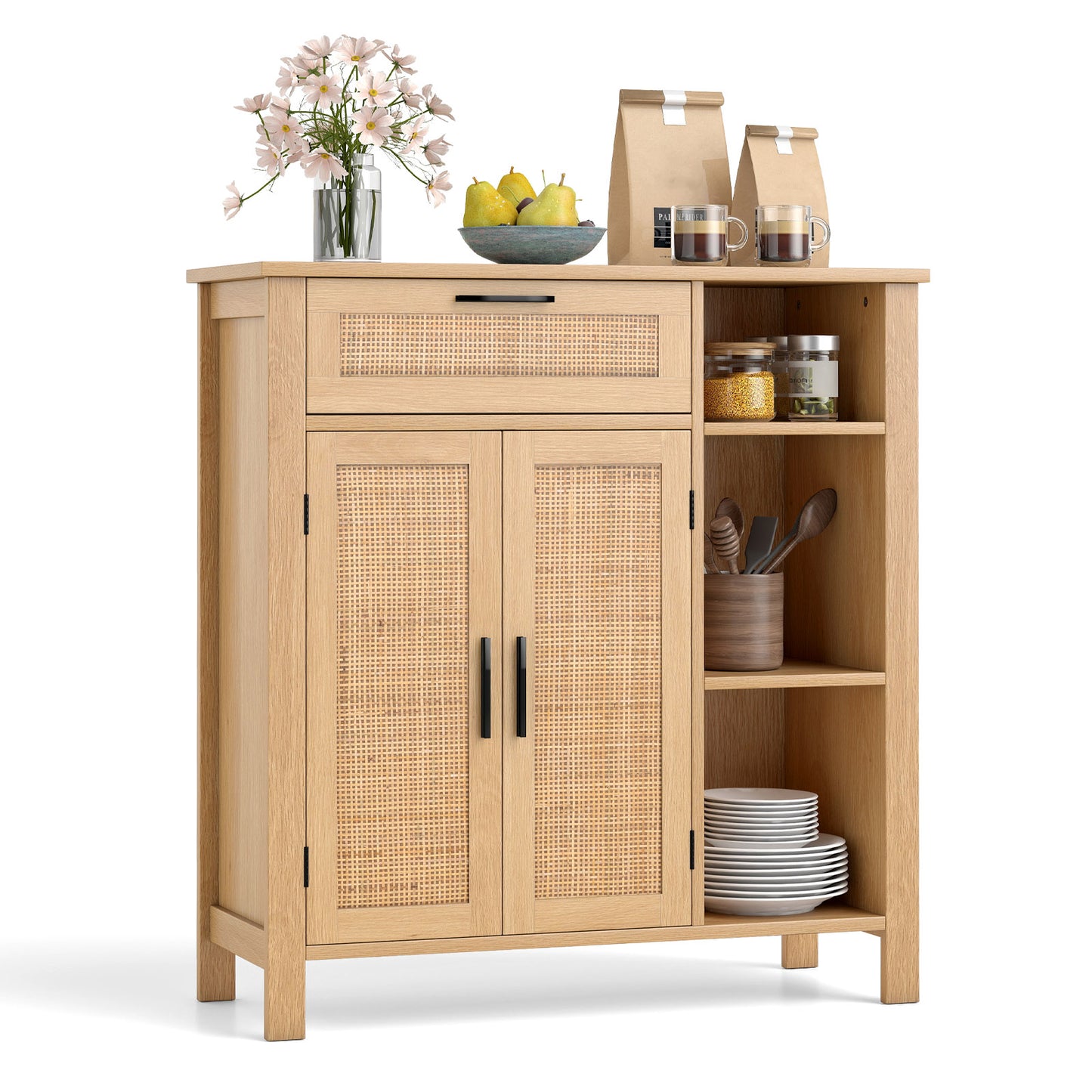 Buffet Sideboard Storage Cabinet with Rattan Woven Doors-Natural