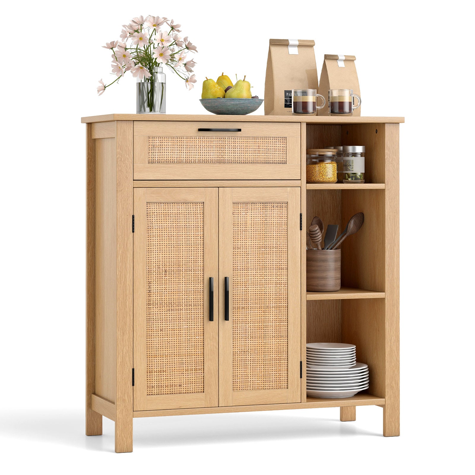 Buffet Sideboard Storage Cabinet with Rattan Woven Doors-Natural