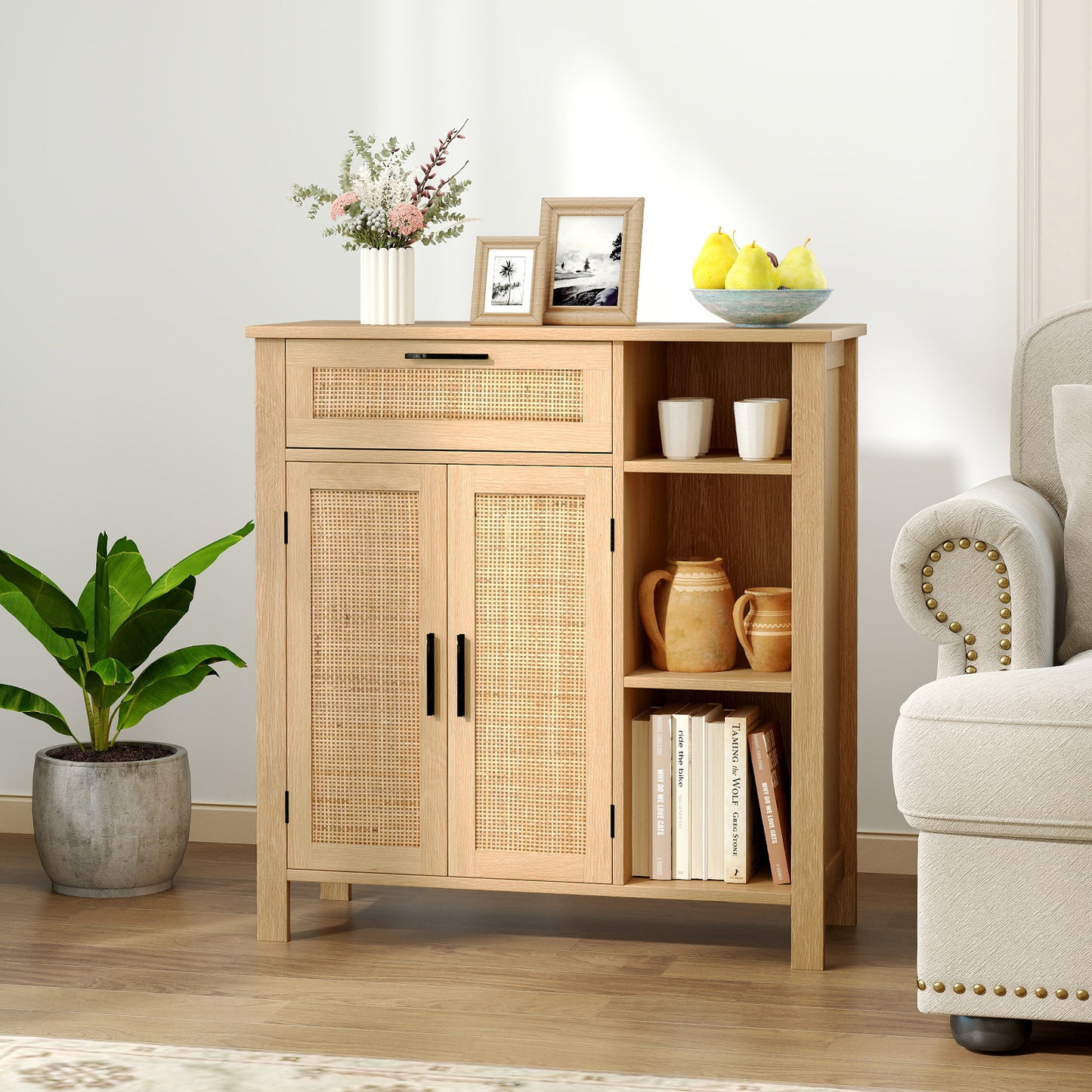 Buffet Sideboard Storage Cabinet with Rattan Woven Doors-Natural
