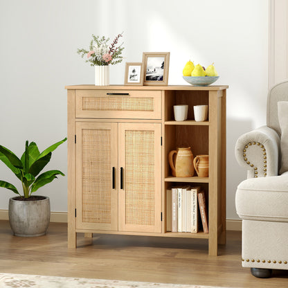 Buffet Sideboard Storage Cabinet with Rattan Woven Doors-Natural