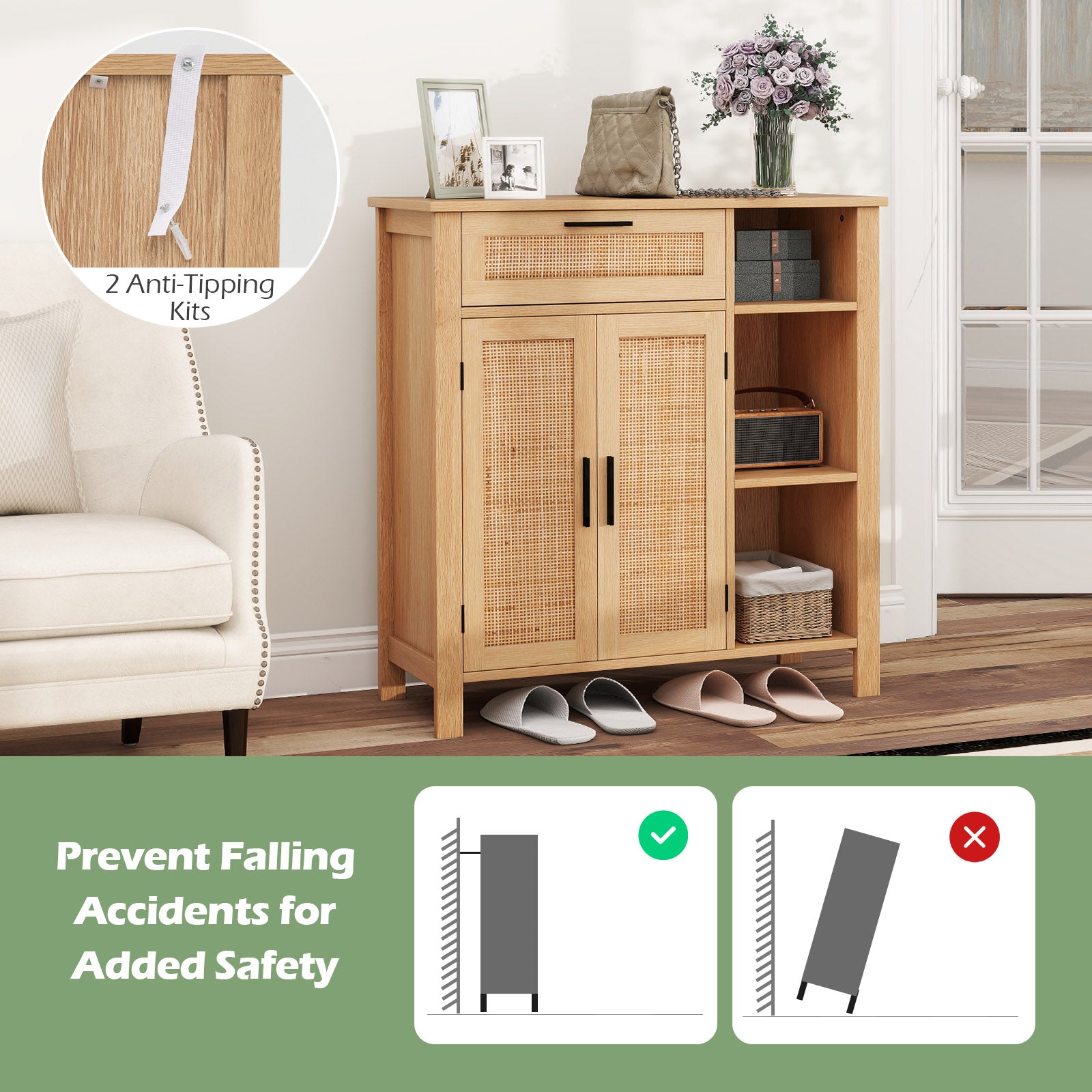 Buffet Sideboard Storage Cabinet with Rattan Woven Doors-Natural
