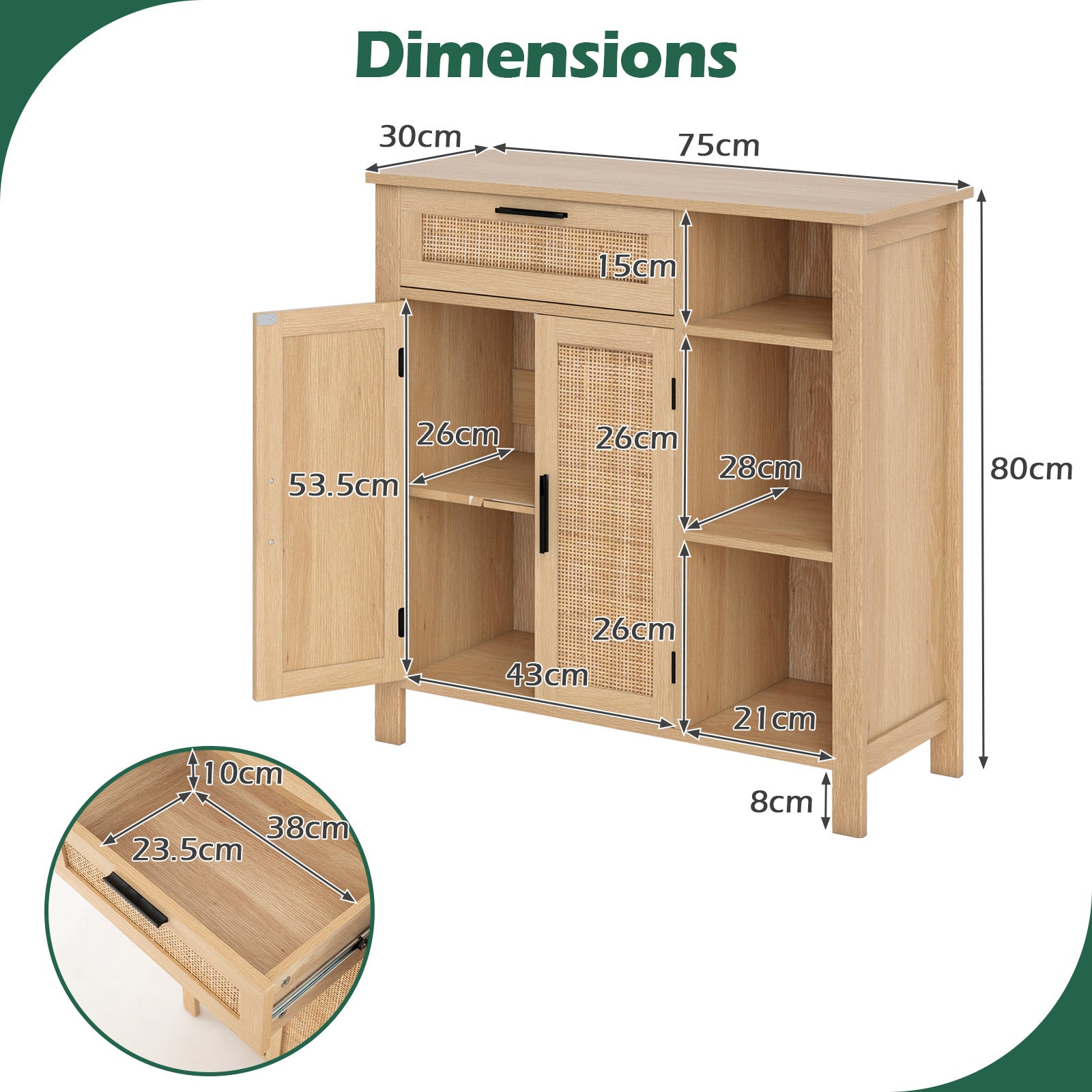 Buffet Sideboard Storage Cabinet with Rattan Woven Doors-Natural
