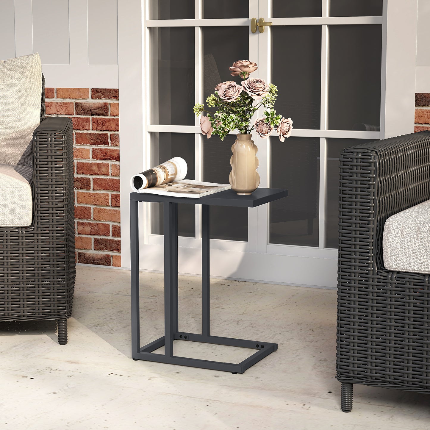 C-Shaped Modern Metal Side Table with Adjustable Foot Pads-Dark Grey