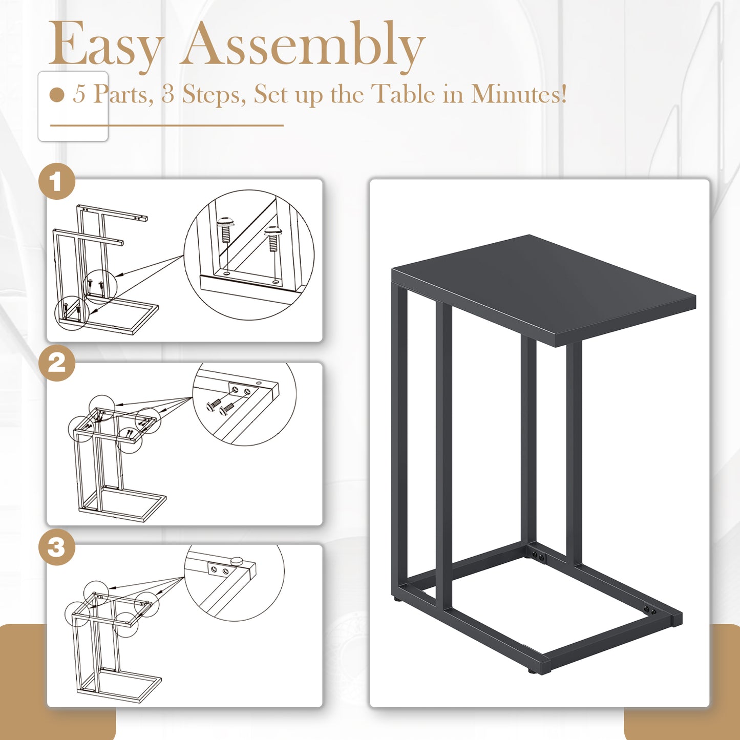 C-Shaped Modern Metal Side Table with Adjustable Foot Pads-Dark Grey