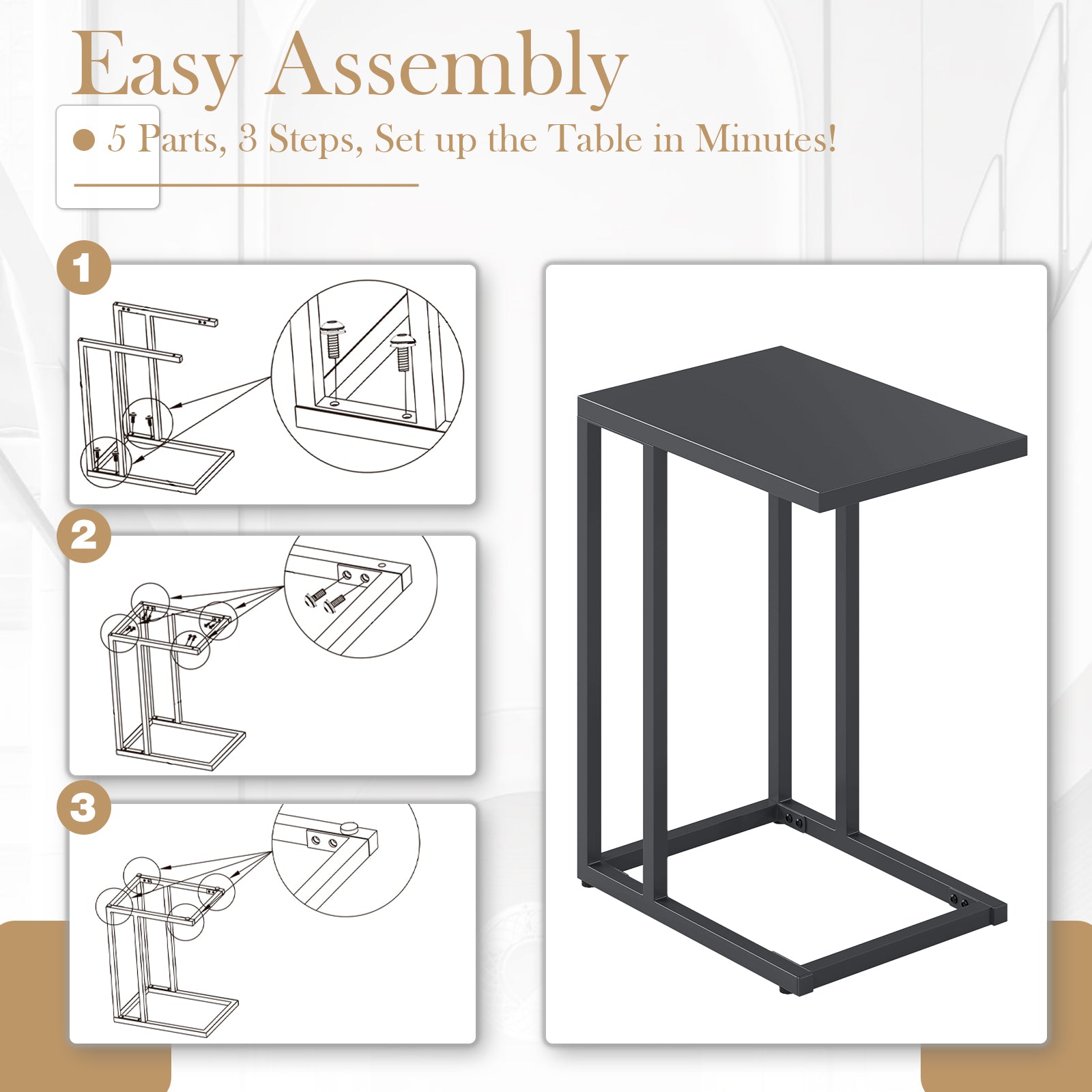 C-Shaped Modern Metal Side Table with Adjustable Foot Pads-Dark Grey