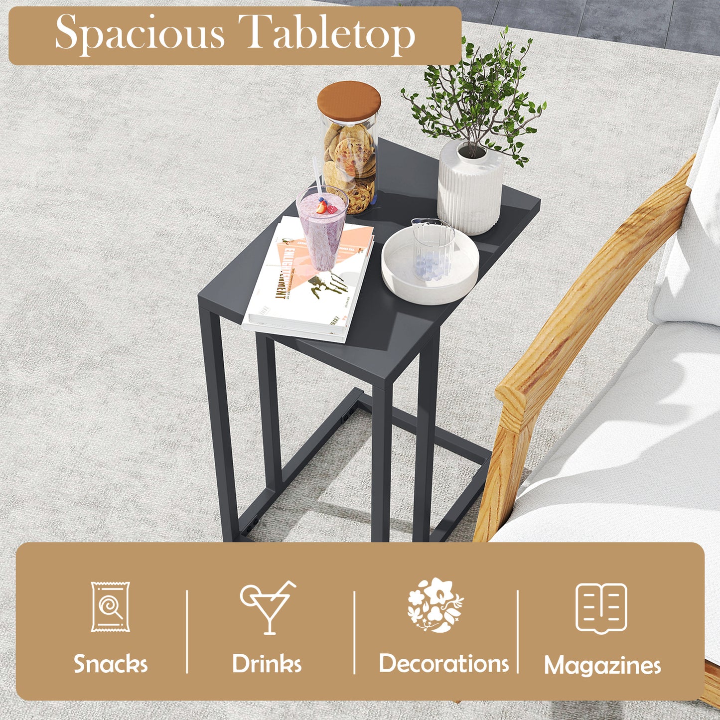 C-Shaped Modern Metal Side Table with Adjustable Foot Pads-Dark Grey