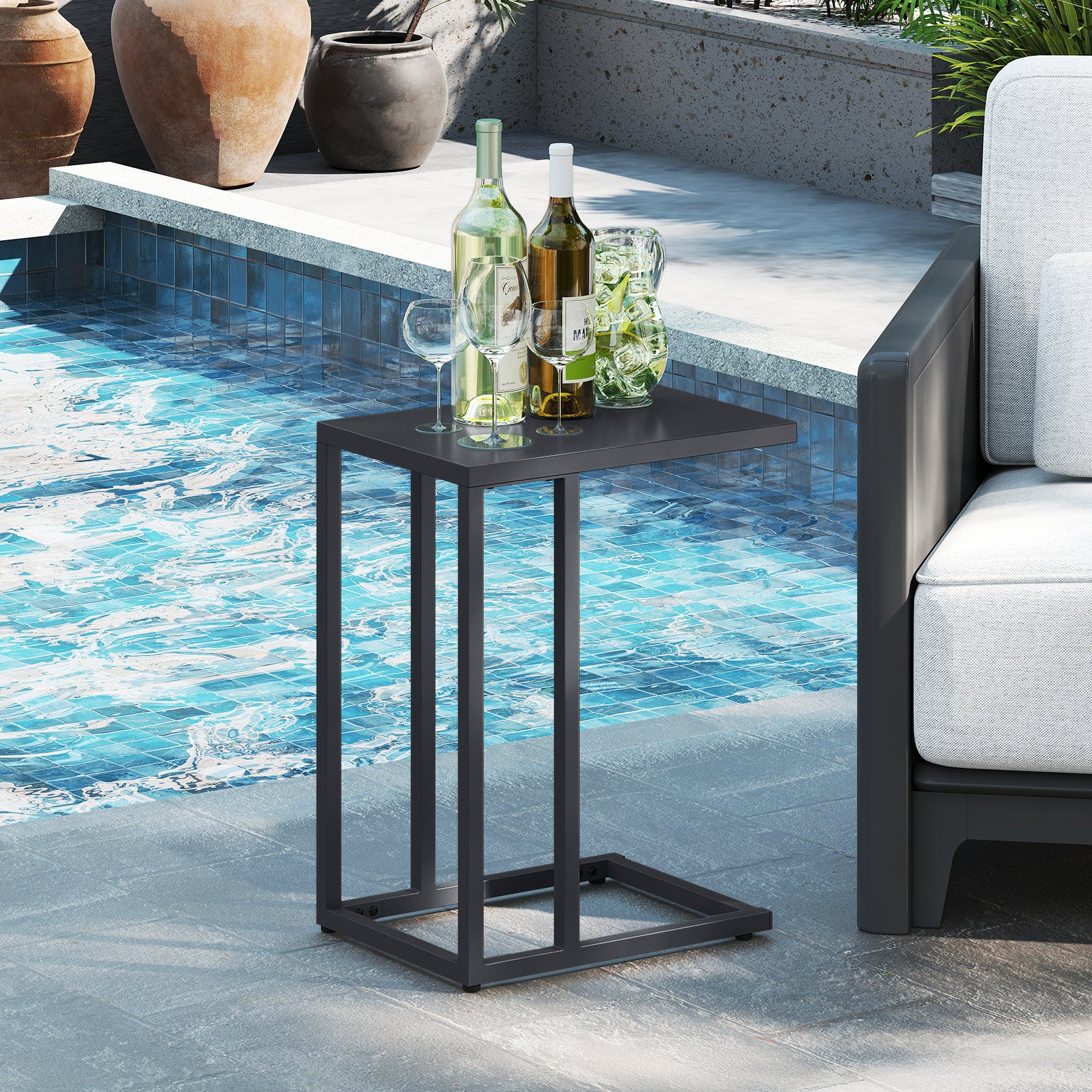 C-Shaped Modern Metal Side Table with Adjustable Foot Pads-Dark Grey