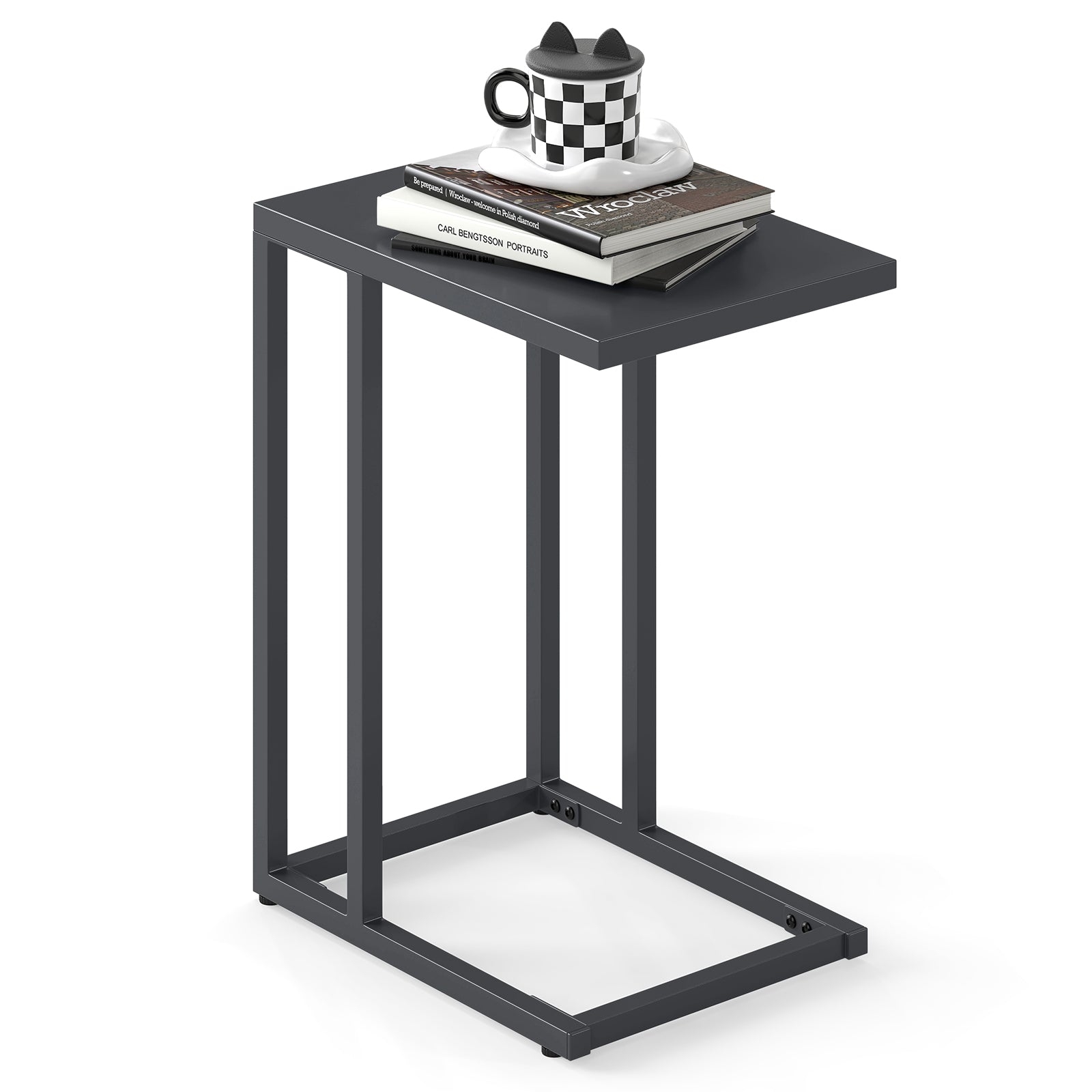 C-Shaped Modern Metal Side Table with Adjustable Foot Pads-Dark Grey