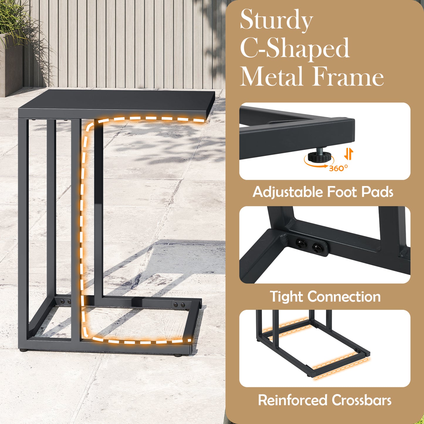 C-Shaped Modern Metal Side Table with Adjustable Foot Pads-Dark Grey