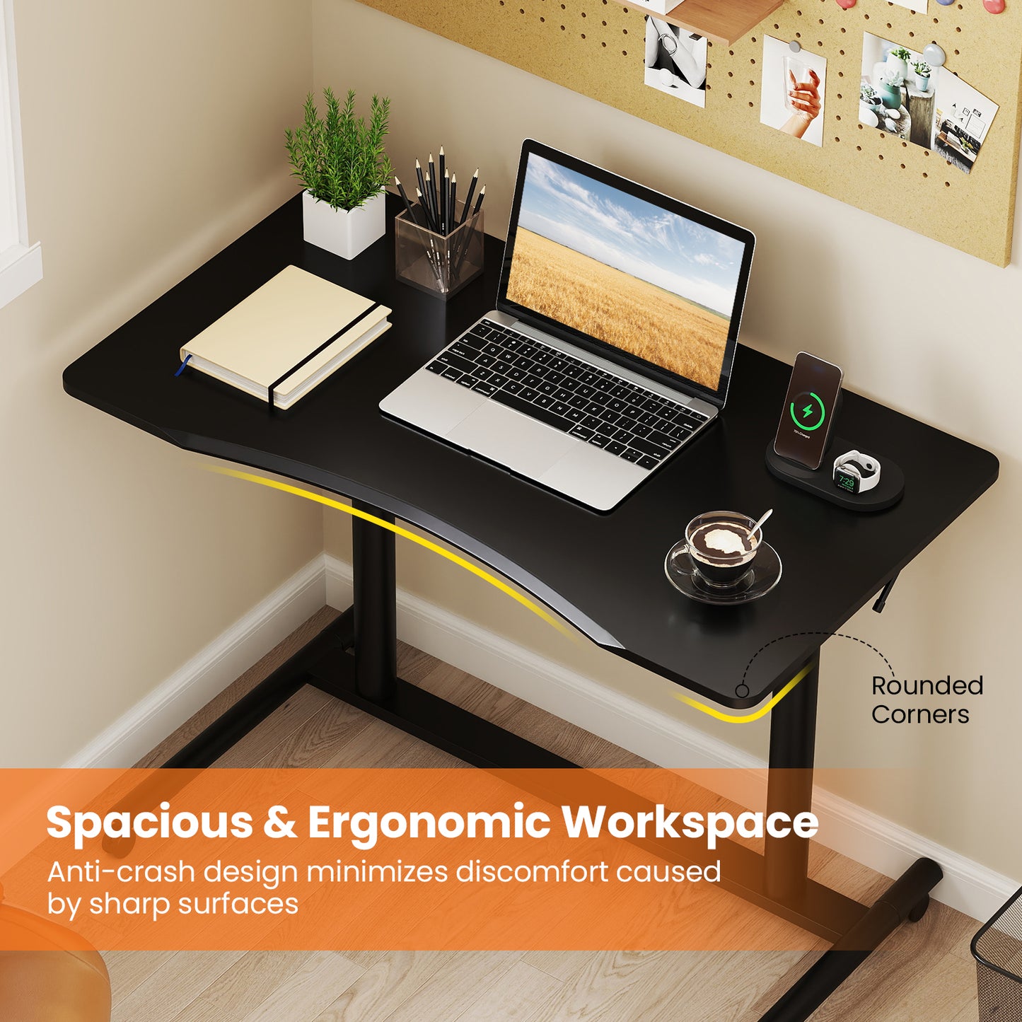 C-Shaped Sit Stand Desk with Adjustable Height and Metal Frame-Black