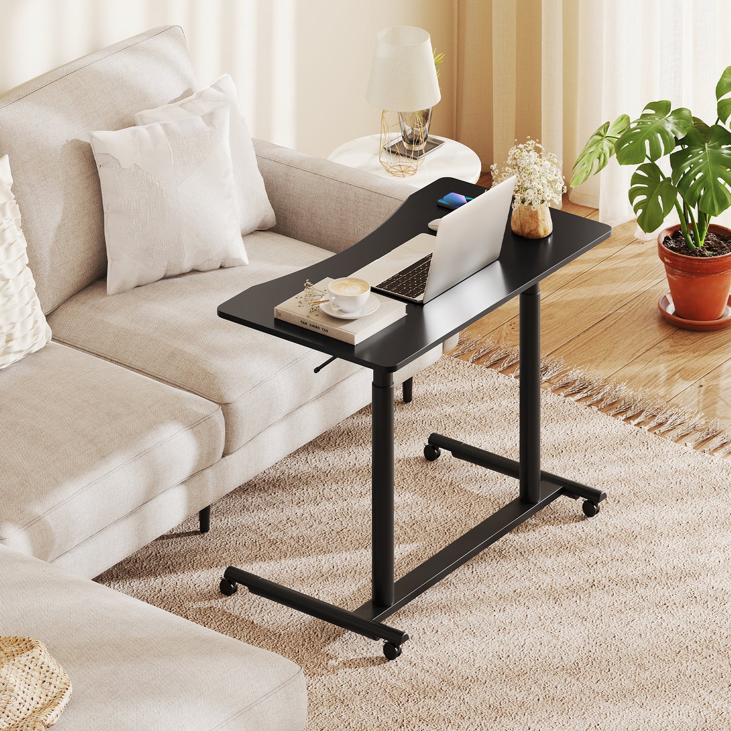 C-Shaped Sit Stand Desk with Adjustable Height and Metal Frame-Black