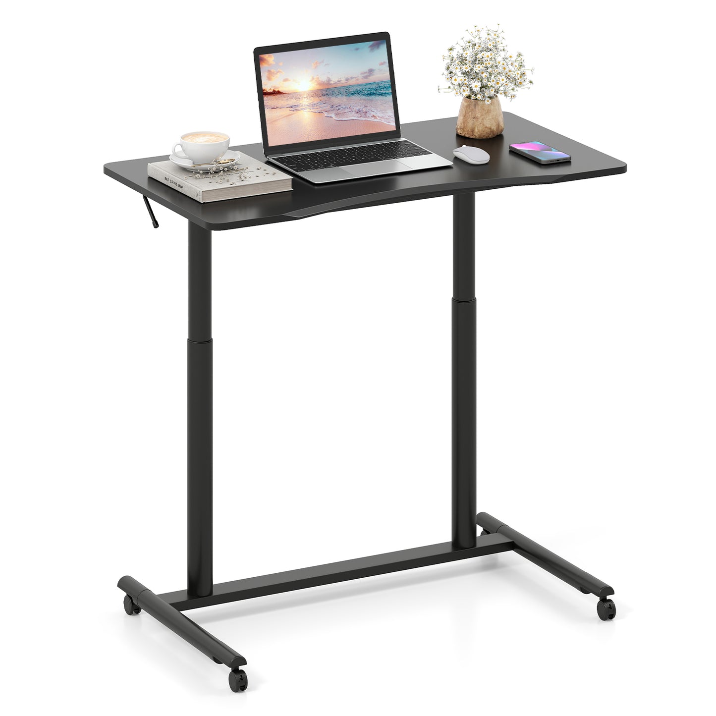 C-Shaped Sit Stand Desk with Adjustable Height and Metal Frame-Black