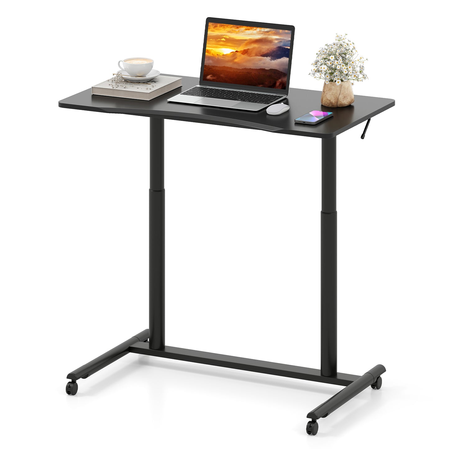 C-Shaped Sit Stand Desk with Adjustable Height and Metal Frame-Black