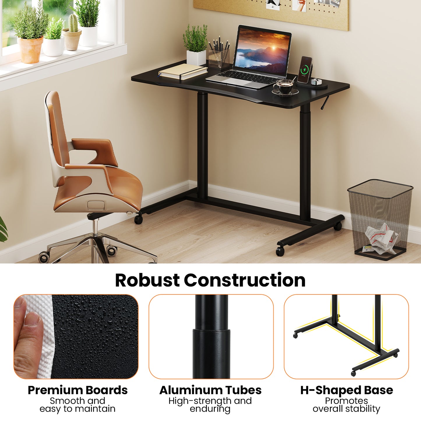 C-Shaped Sit Stand Desk with Adjustable Height and Metal Frame-Black
