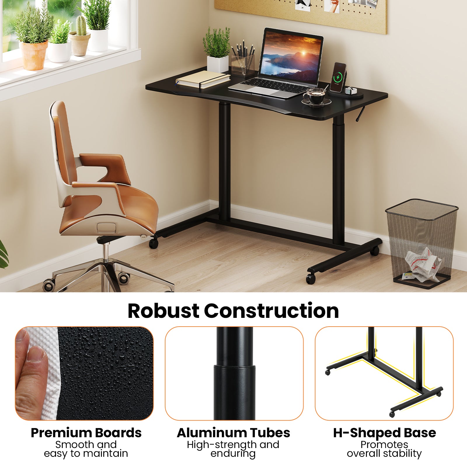 C-Shaped Sit Stand Desk with Adjustable Height and Metal Frame-Black
