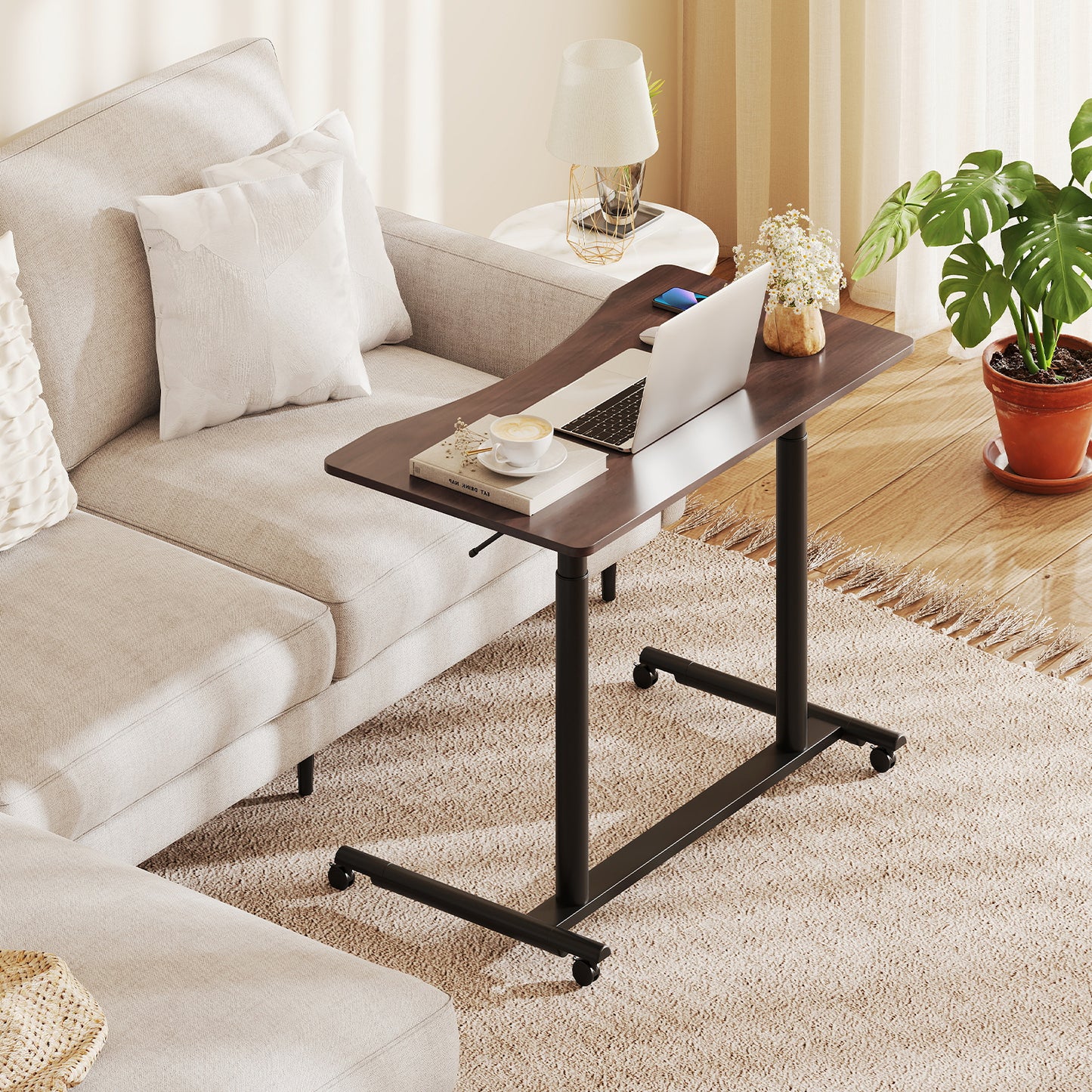 C-Shaped Sit Stand Desk with Adjustable Height and Metal Frame-Rustic Brown