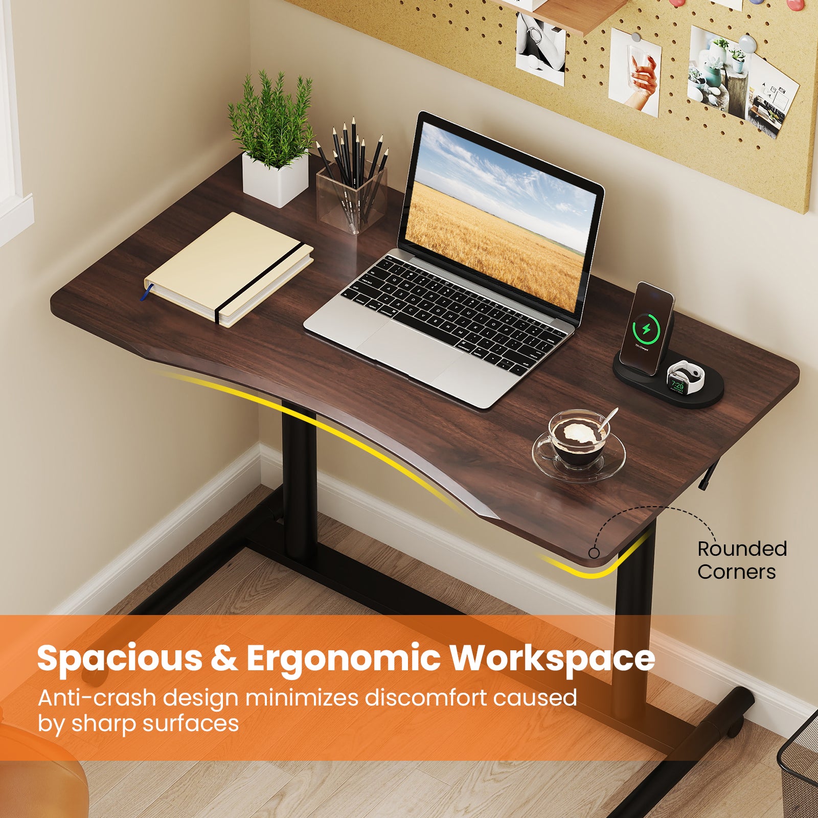 C-Shaped Sit Stand Desk with Adjustable Height and Metal Frame-Rustic Brown