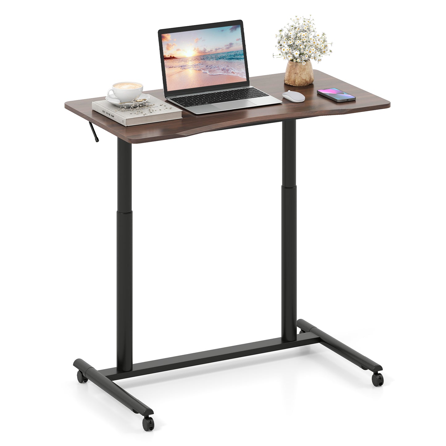 C-Shaped Sit Stand Desk with Adjustable Height and Metal Frame-Rustic Brown